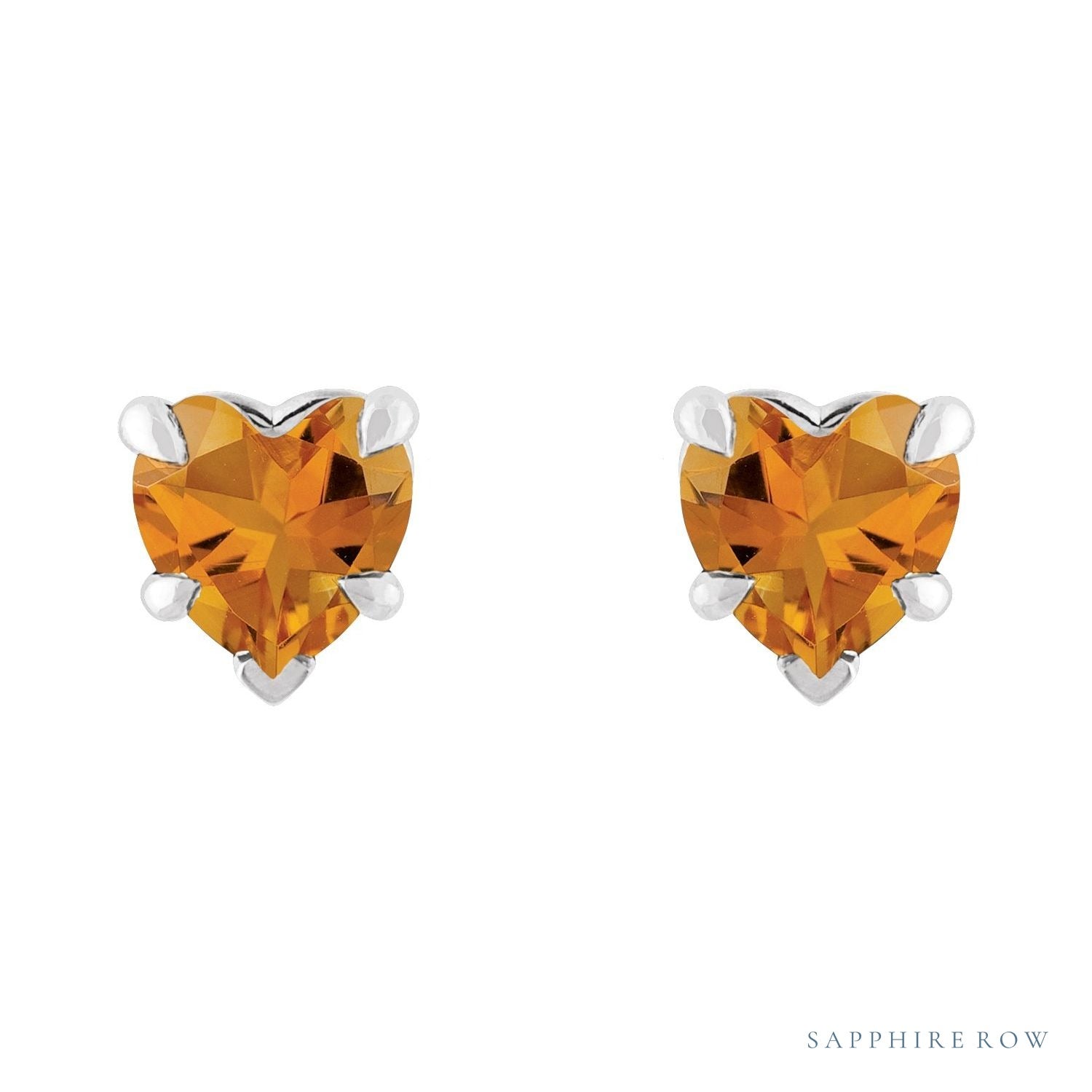 Sapphire Row Natural Gemstone Heart Stud Earrings - Citrine, Platinum (view 2)