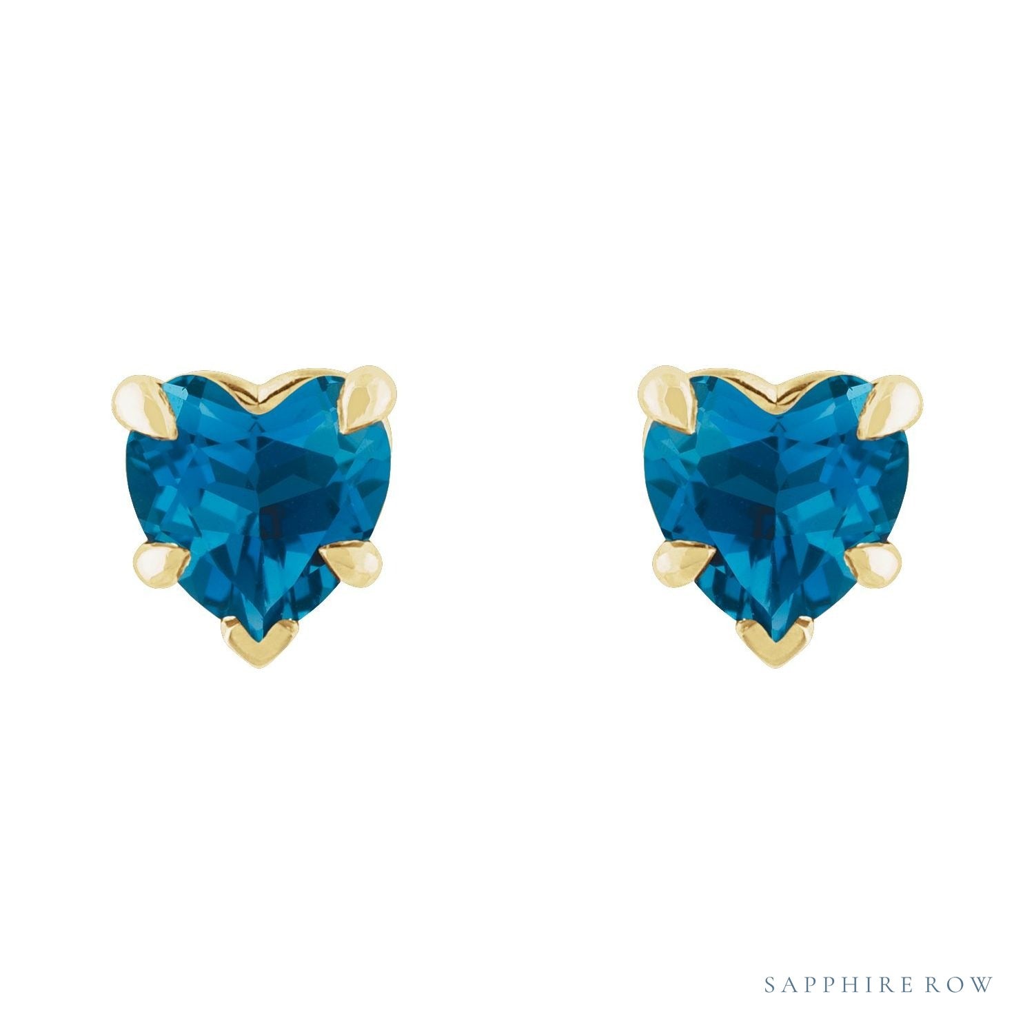 Sapphire Row Natural Gemstone Heart Stud Earrings - London Blue Topaz, 14K Yellow Gold (view 2)