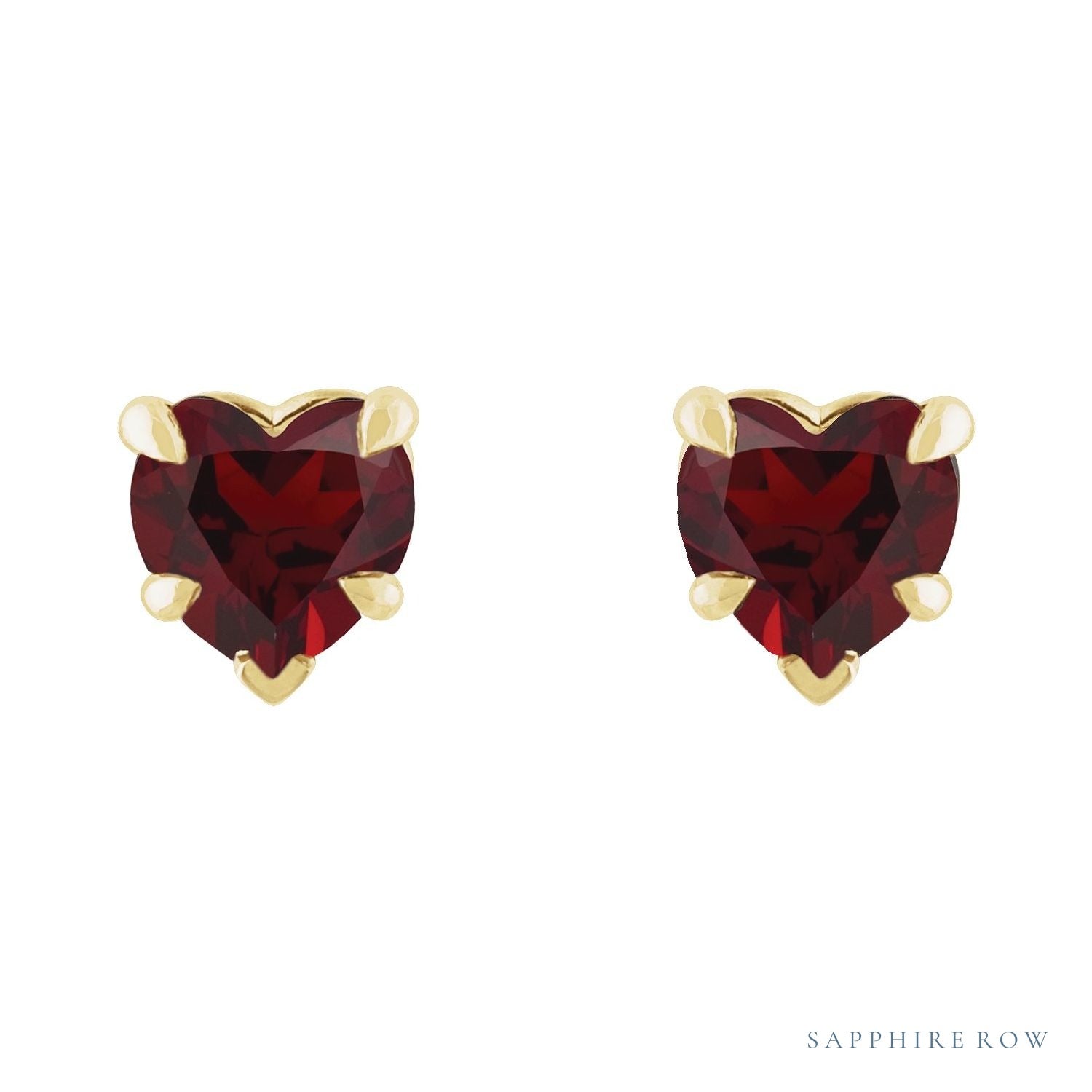 Sapphire Row Natural Gemstone Heart Stud Earrings - Mozambique Garnet, 14K Yellow Gold (view 2)