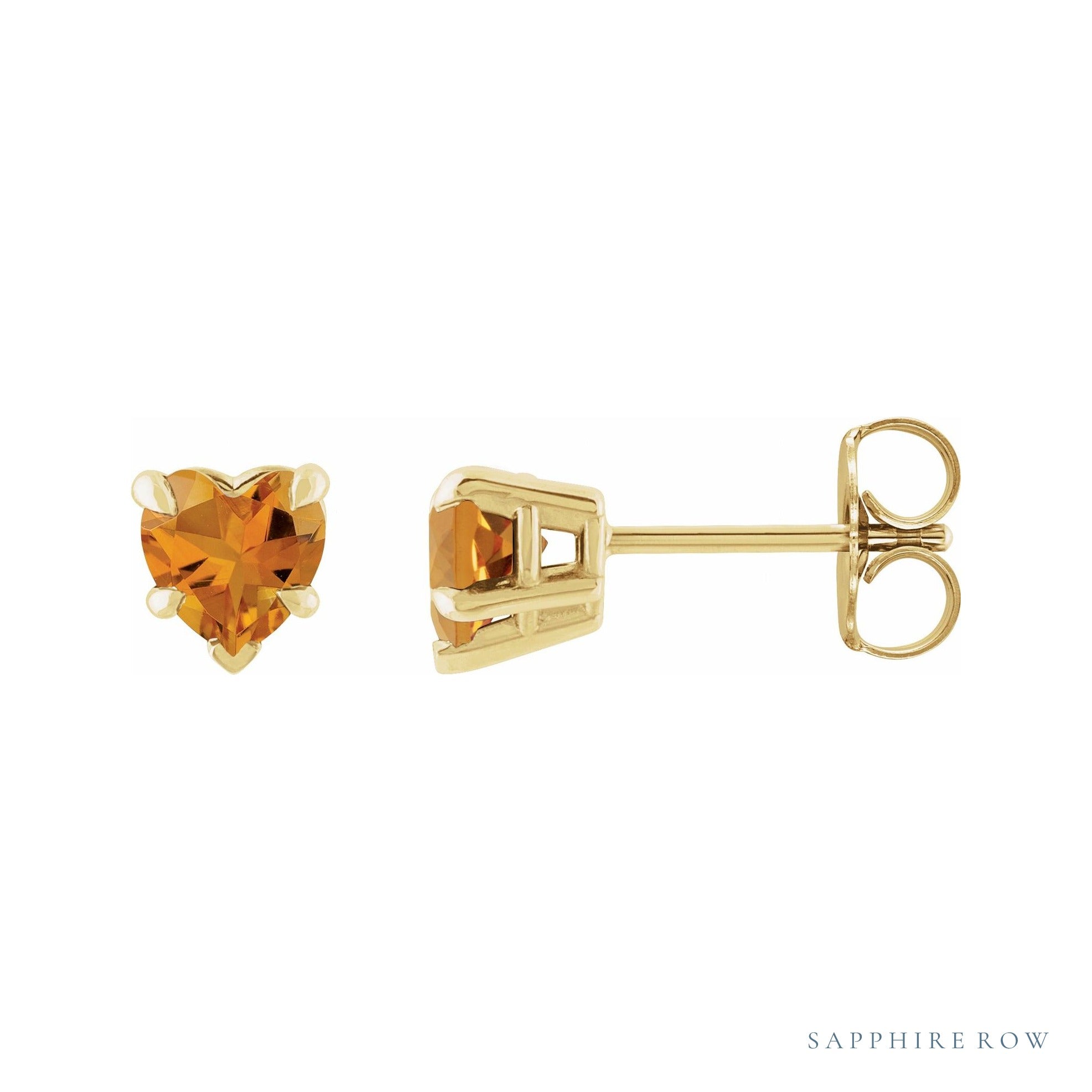 Sapphire Row Natural Gemstone Heart Stud Earrings - Citrine, 14K Yellow Gold