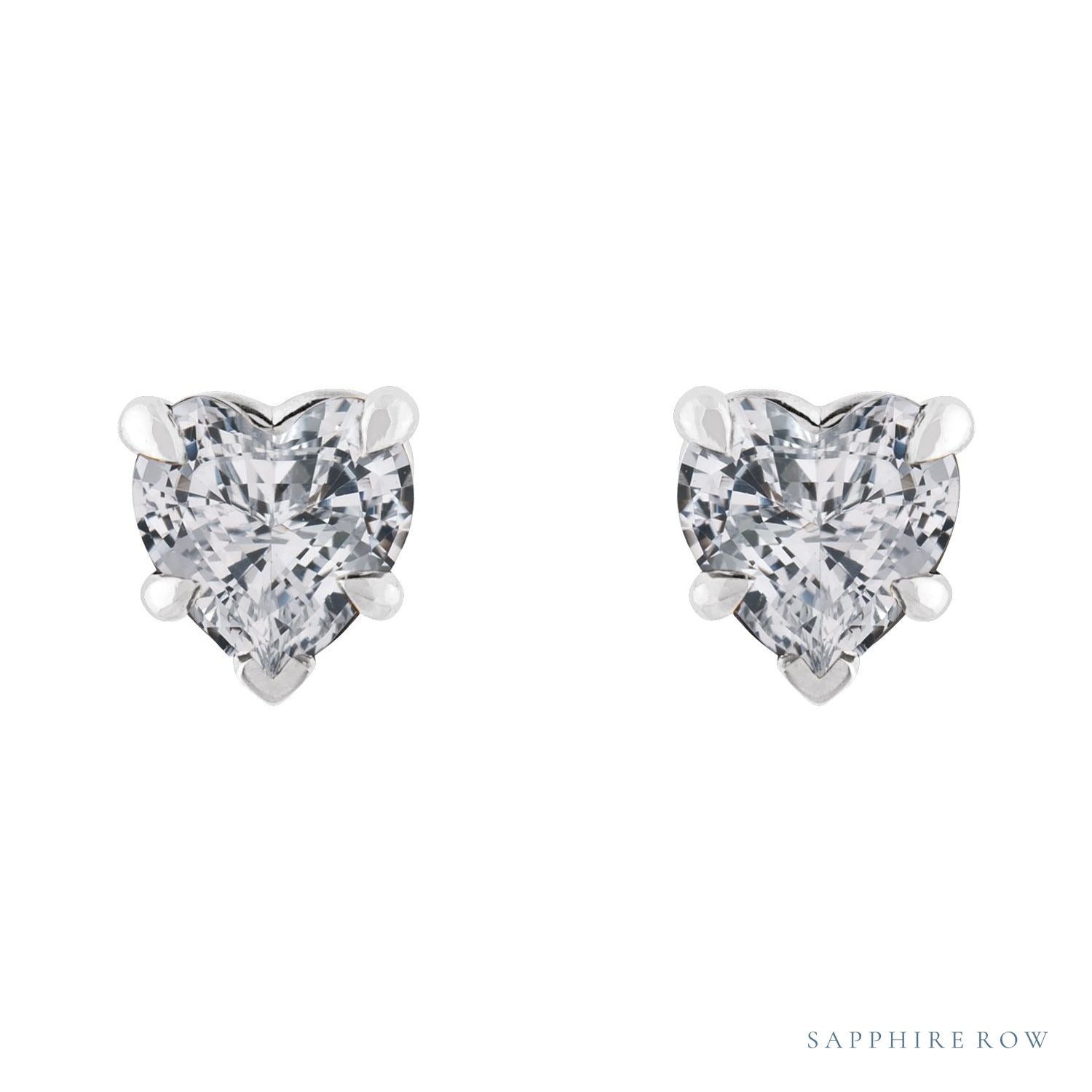 Sapphire Row Natural Gemstone Heart Stud Earrings - White Sapphire, Platinum (view 2)