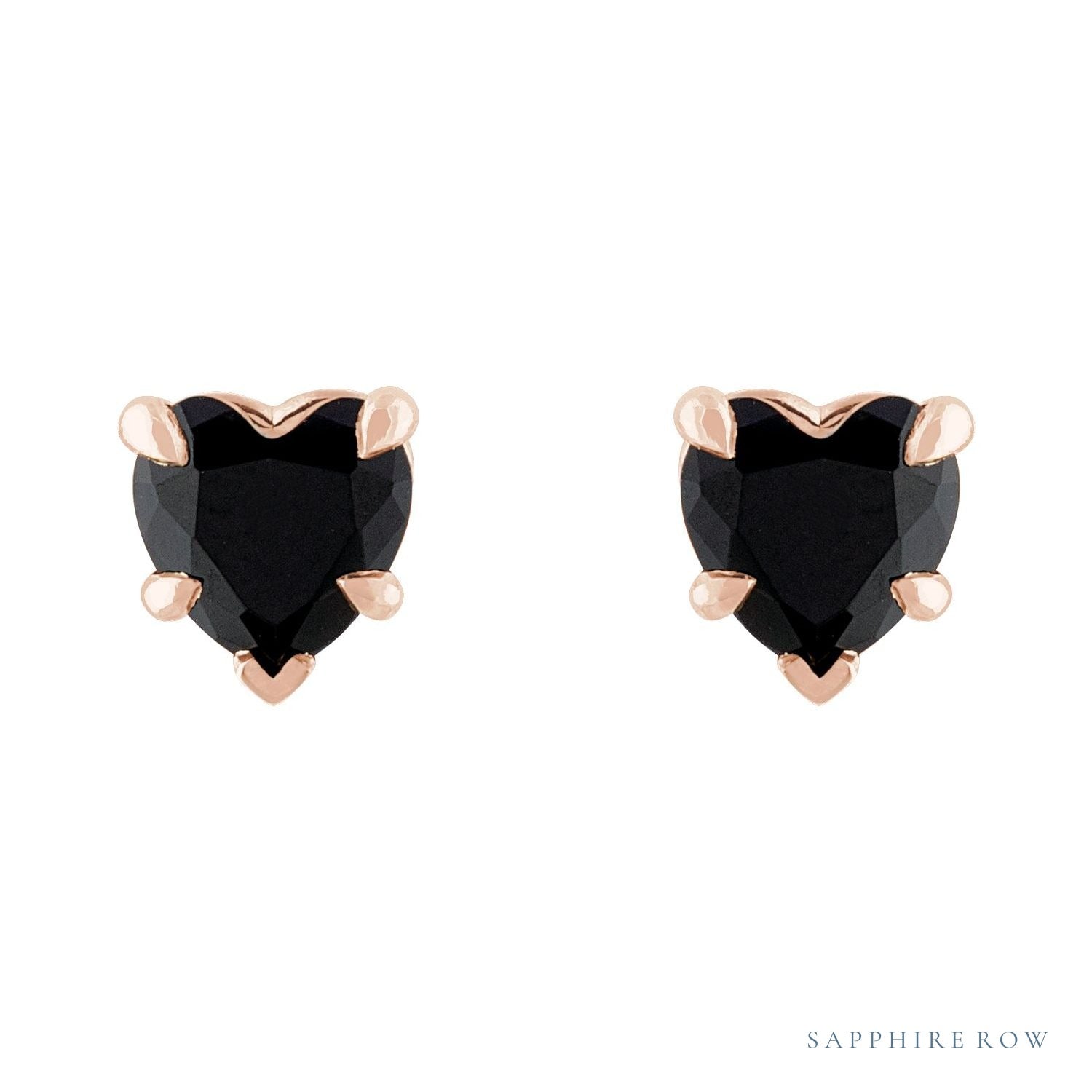 Sapphire Row Natural Gemstone Heart Stud Earrings - Black Onyx, 14K Rose Gold (view 2)