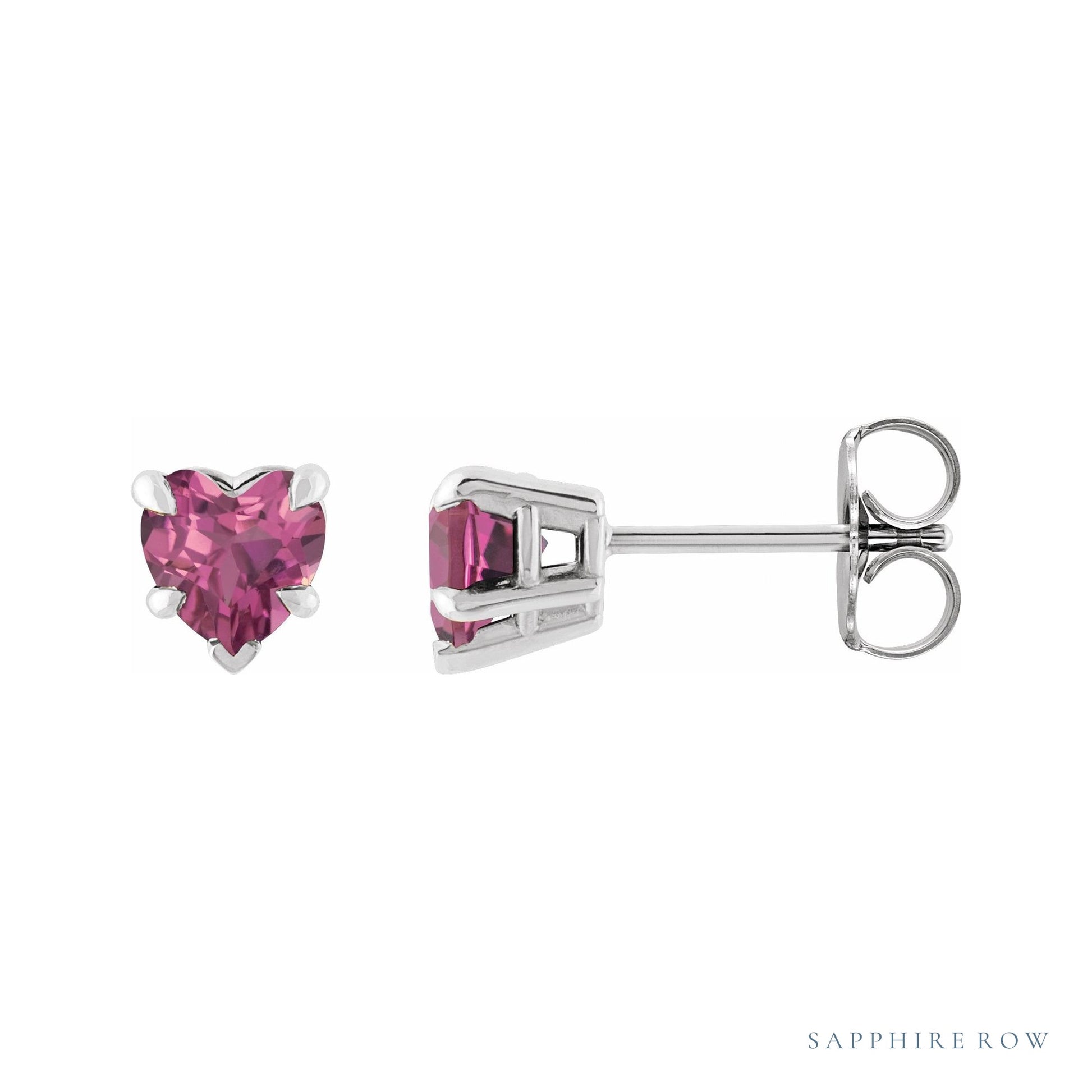 Sapphire Row Natural Gemstone Heart Stud Earrings - Pink Tourmaline, Platinum