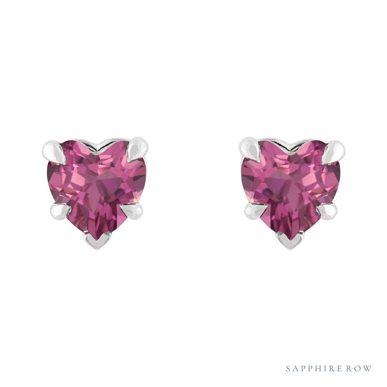 Sapphire Row Natural Gemstone Heart Stud Earrings - Pink Tourmaline, Platinum (view 2)