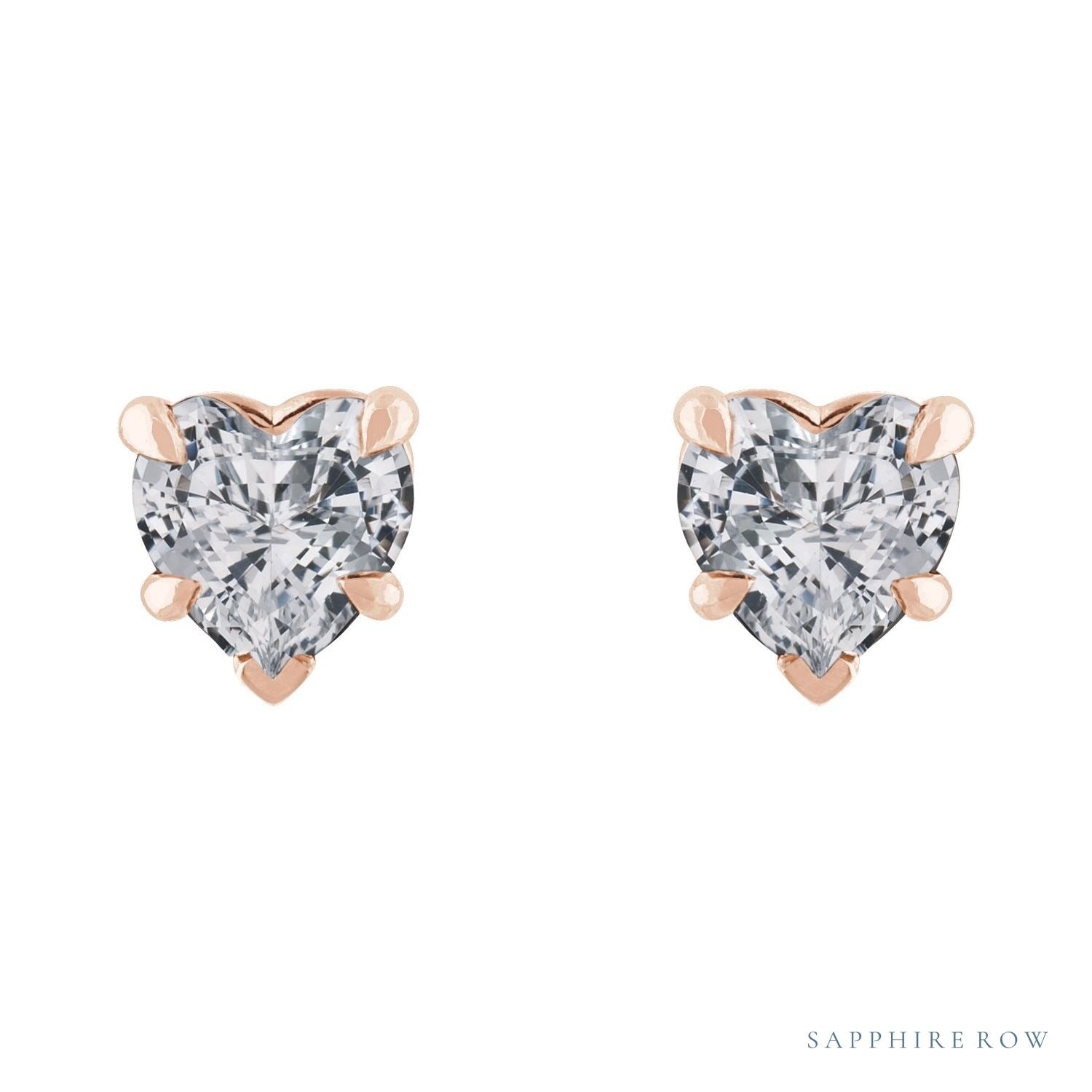 Sapphire Row Natural Gemstone Heart Stud Earrings - White Sapphire, 14K Rose Gold (view 2)