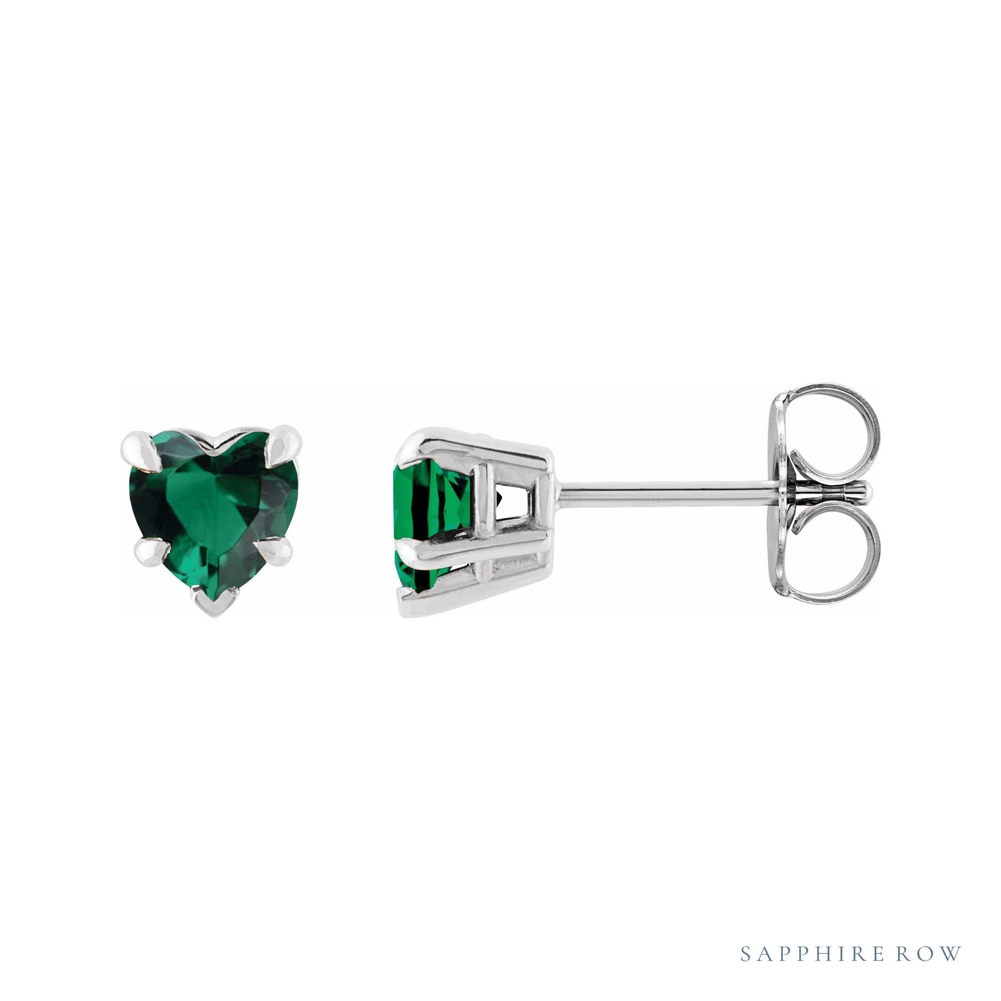 Sapphire Row Lab-Grown Emerald Heart Stud Earrings - 14K White Gold