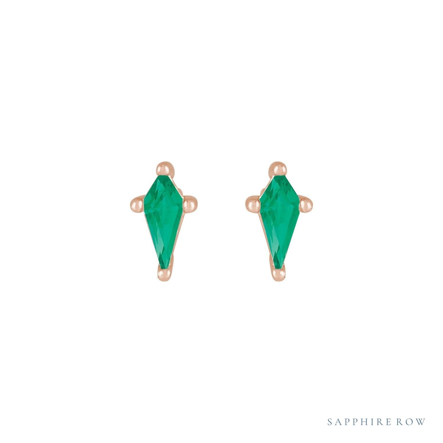 Sapphire Row Lab-Grown Gemstone Kite Stud Earrings - Emerald, 14K Rose Gold (view 2)