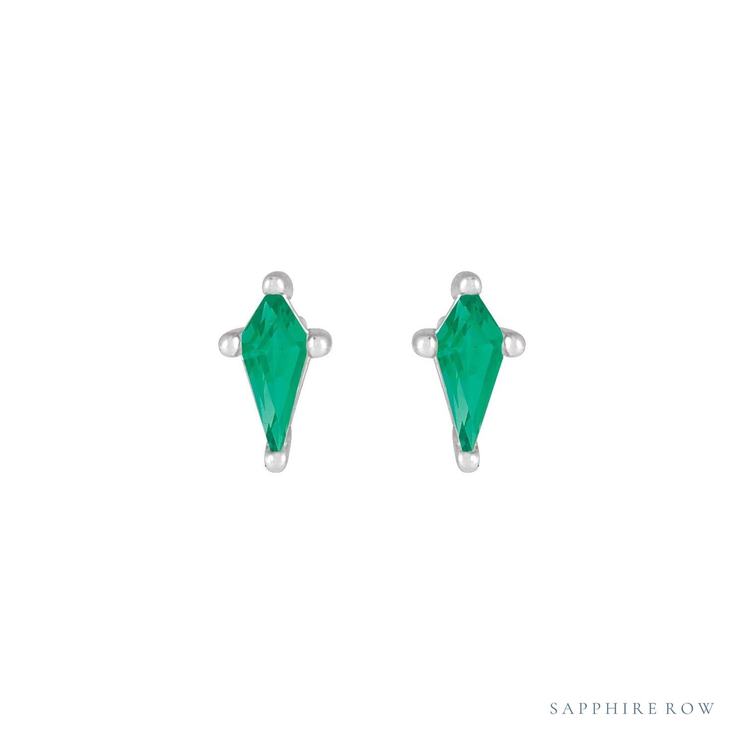 Sapphire Row Lab-Grown Gemstone Kite Stud Earrings - Emerald, 14K White Gold (view 2)