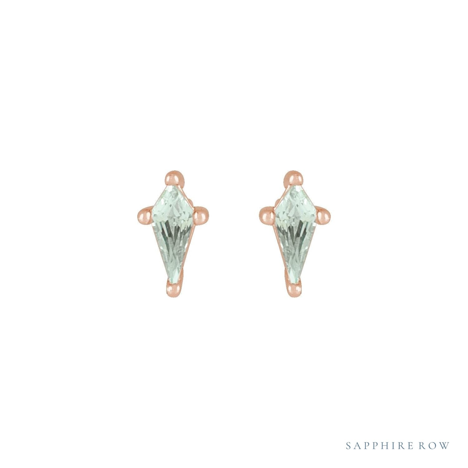 Sapphire Row Lab-Grown Gemstone Kite Stud Earrings - Green Sapphire, 14K Rose Gold, 2.25 mm (view 2)