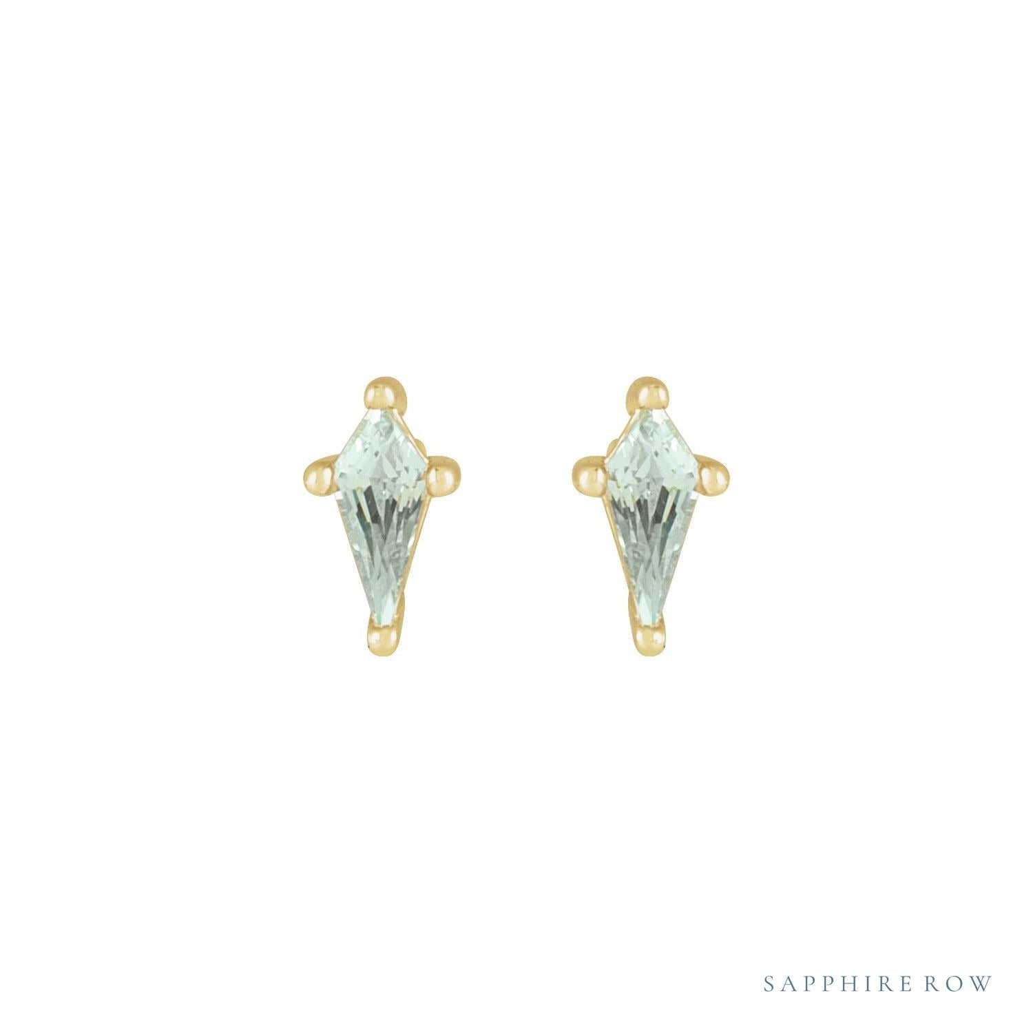 Sapphire Row Lab-Grown Gemstone Kite Stud Earrings - Green Sapphire, 14K Yellow Gold, 2.25 mm (view 2)