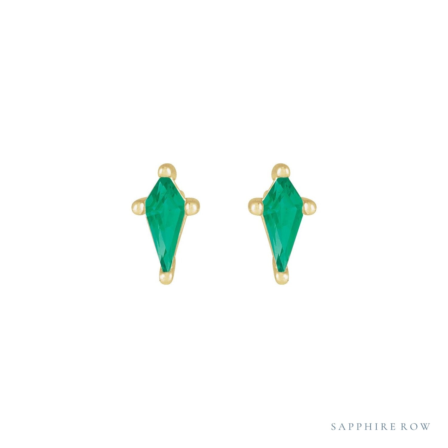 Sapphire Row Lab-Grown Gemstone Kite Stud Earrings - Emerald, 14K Yellow Gold (view 2)