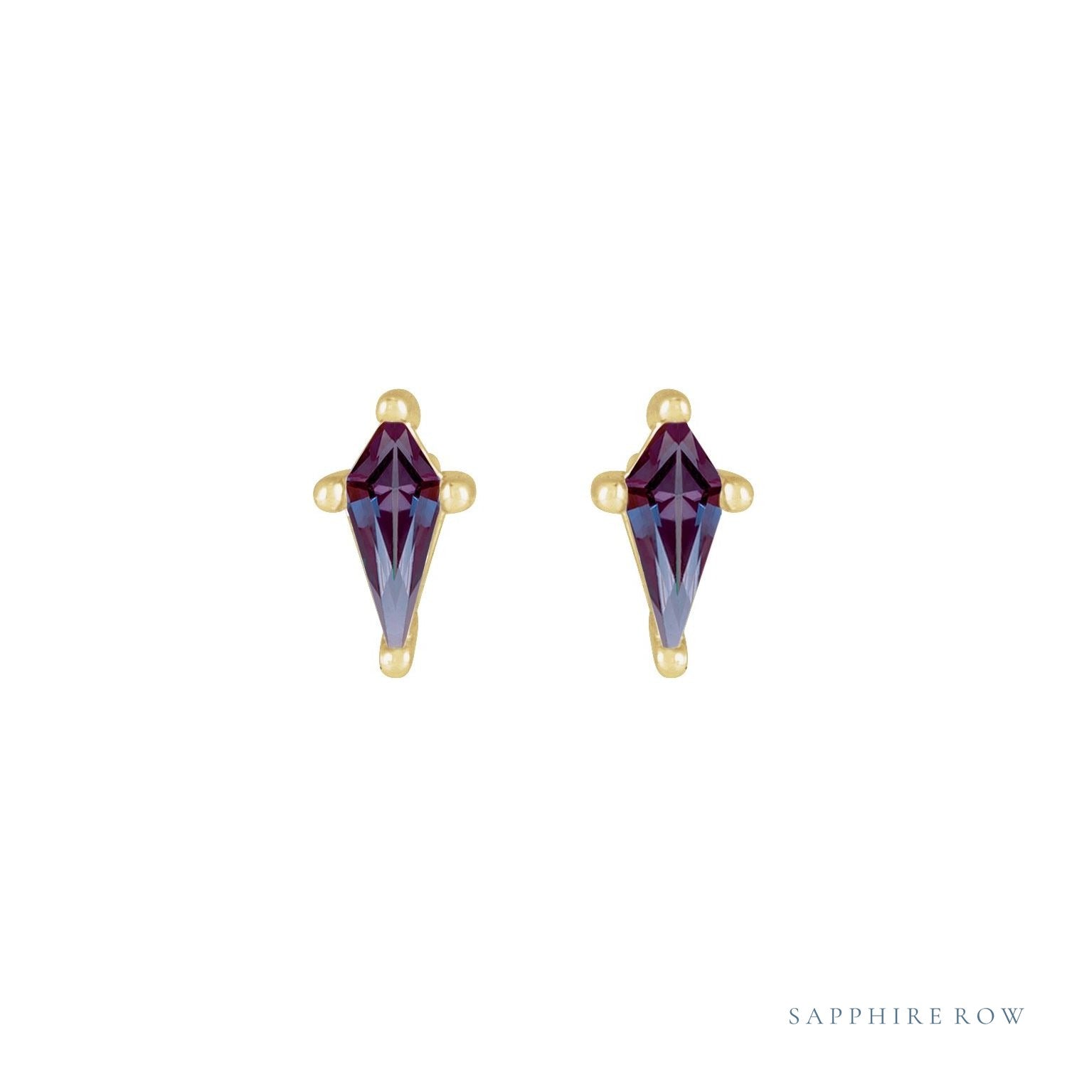 Sapphire Row Lab-Grown Gemstone Kite Stud Earrings - Alexandrite, 14K Yellow Gold (view 2)