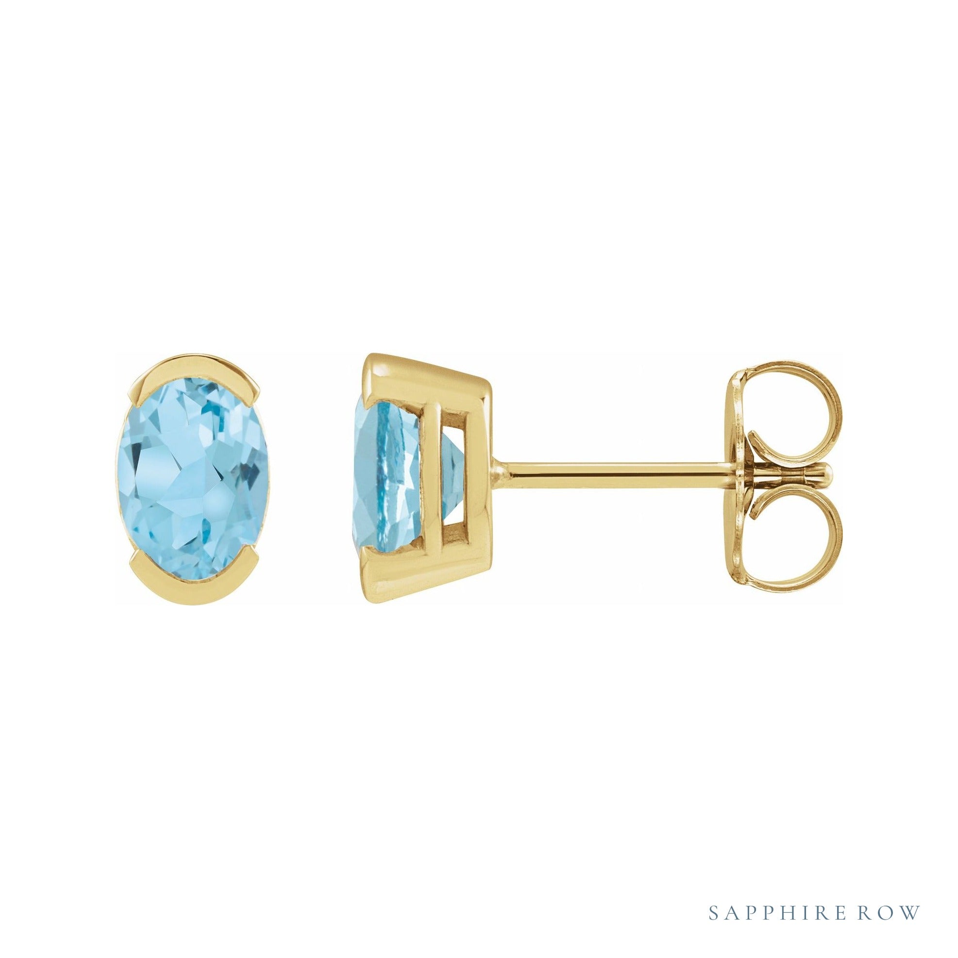 Sapphire Row Natural Gemstone Half-Bezel Oval Stud Earrings - Sky Blue Topaz, 14K Yellow Gold