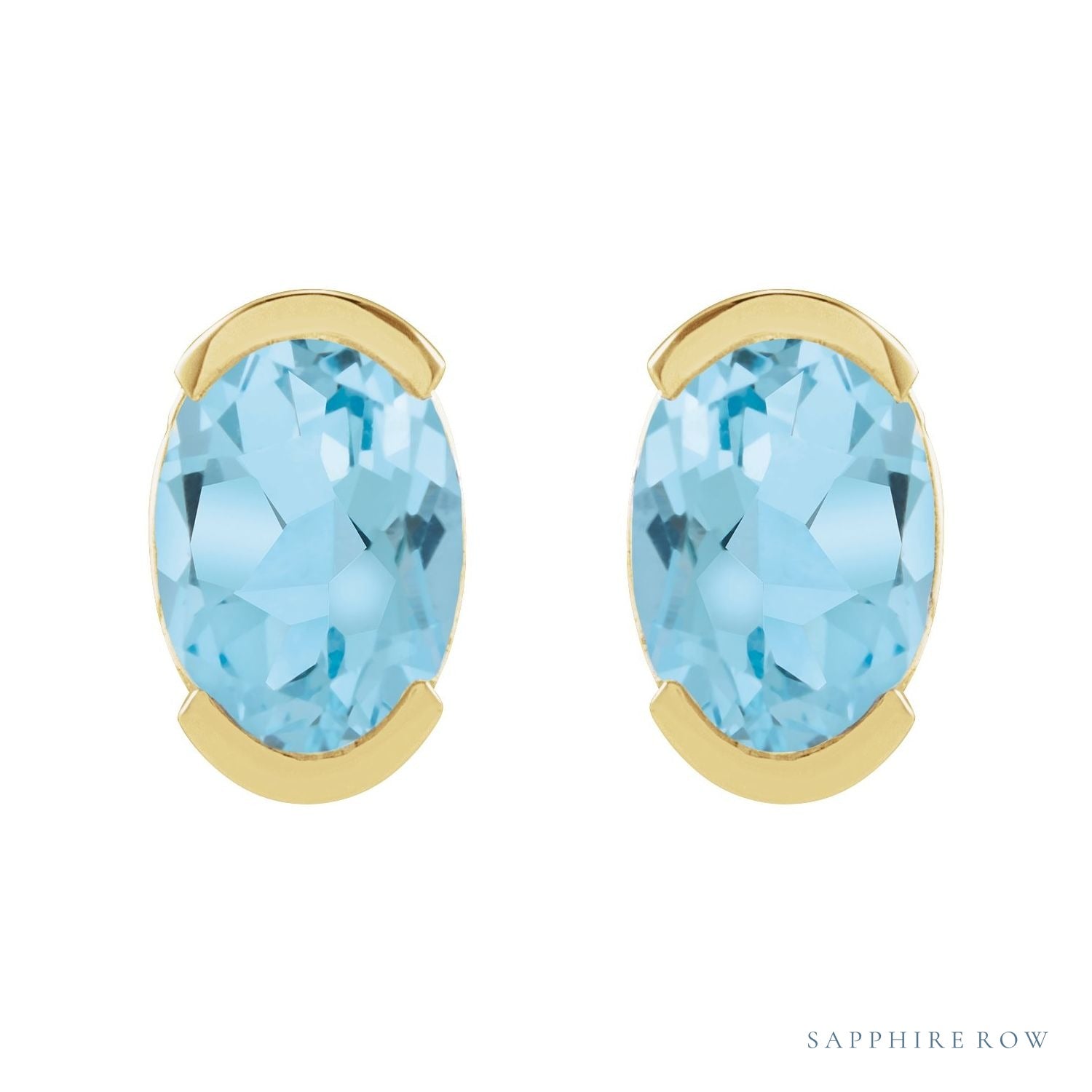 Sapphire Row Natural Gemstone Half-Bezel Oval Stud Earrings - Sky Blue Topaz, 14K Yellow Gold (view 2)
