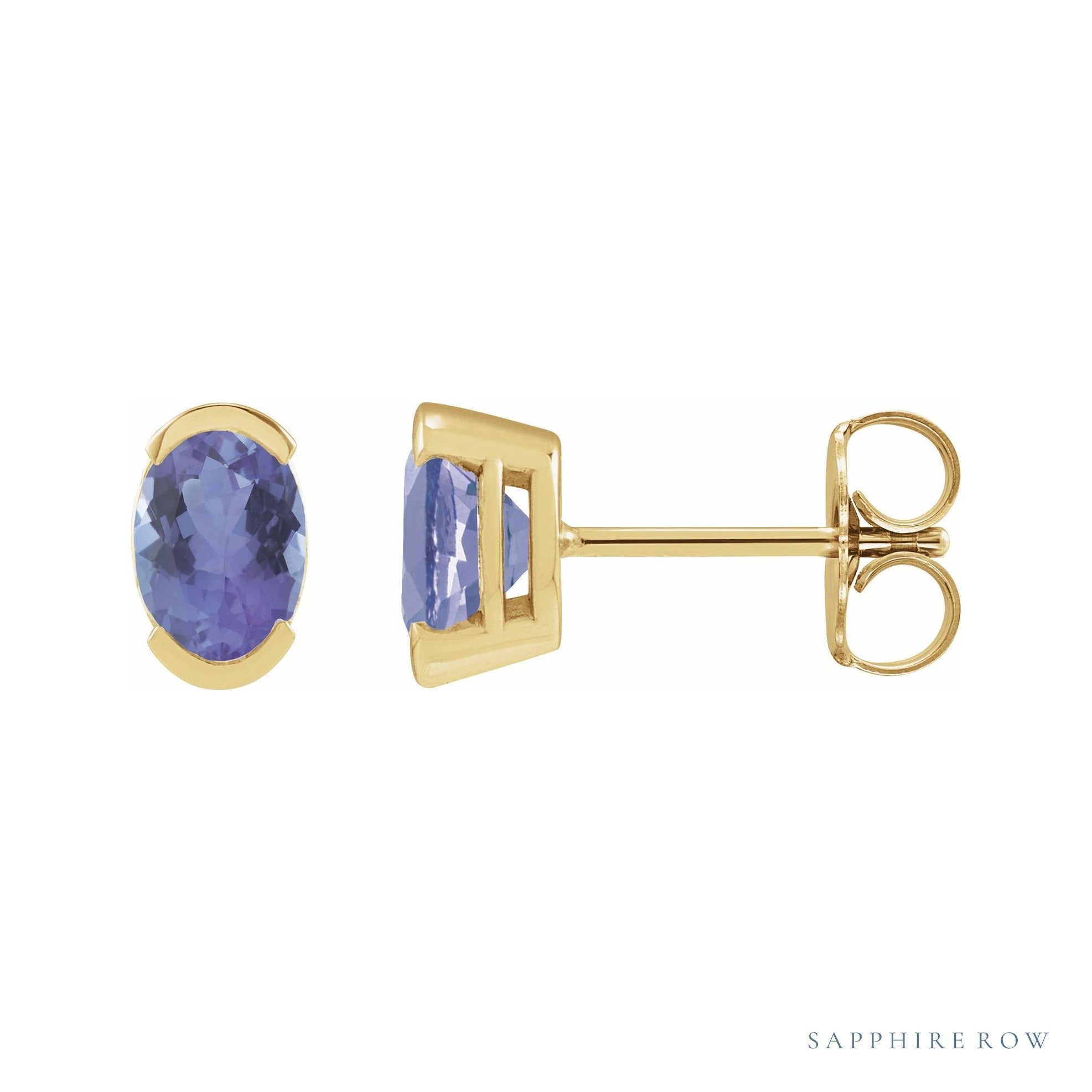 Sapphire Row Natural Gemstone Half-Bezel Oval Stud Earrings - Tanzanite, 14K Yellow Gold