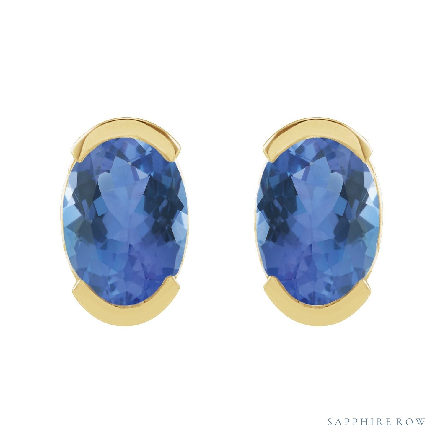 Sapphire Row Natural Gemstone Half-Bezel Oval Stud Earrings - Tanzanite, 14K Yellow Gold (view 2)