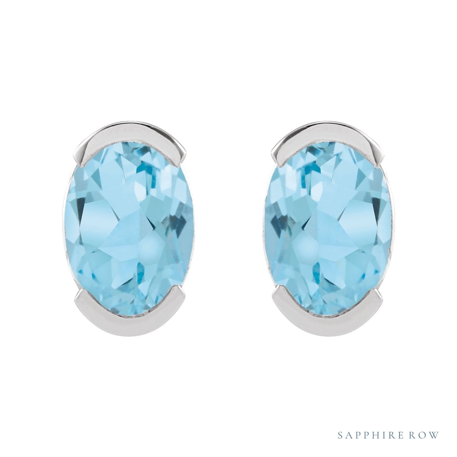 Sapphire Row Natural Gemstone Half-Bezel Oval Stud Earrings - Sky Blue Topaz, Platinum (view 2)