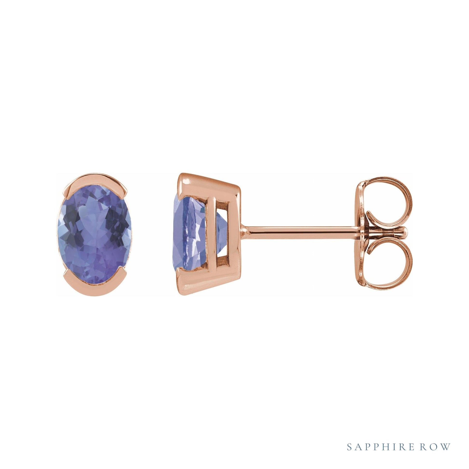 Sapphire Row Natural Gemstone Half-Bezel Oval Stud Earrings - Tanzanite, 14K Rose Gold