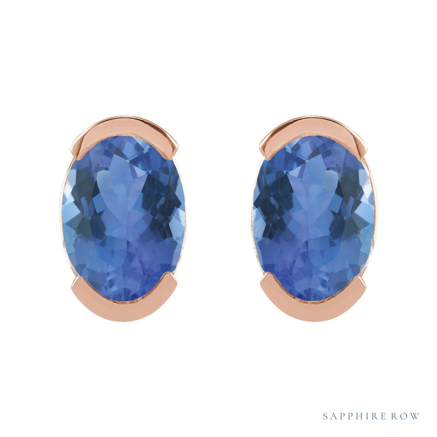 Sapphire Row Natural Gemstone Half-Bezel Oval Stud Earrings - Tanzanite, 14K Rose Gold (view 2)