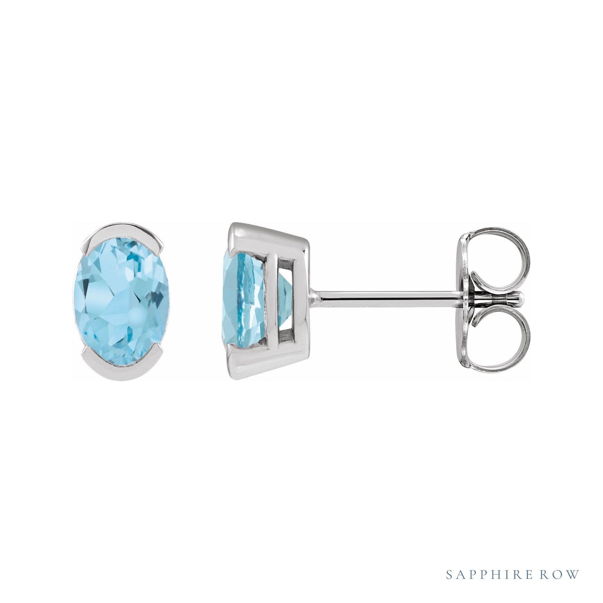 Sapphire Row Natural Gemstone Half-Bezel Oval Stud Earrings - Sky Blue Topaz, 14K White Gold