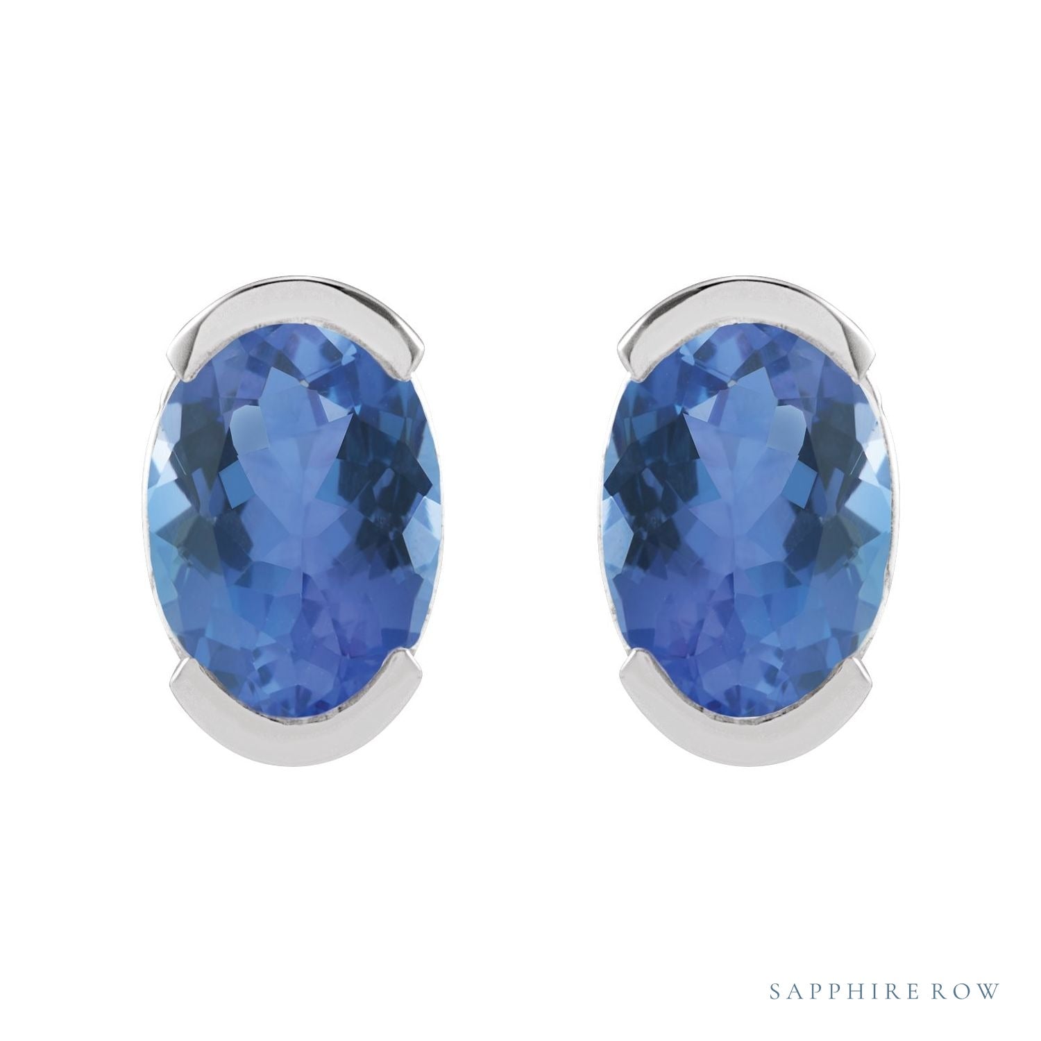 Sapphire Row Natural Gemstone Half-Bezel Oval Stud Earrings - Tanzanite, Platinum (view 2)