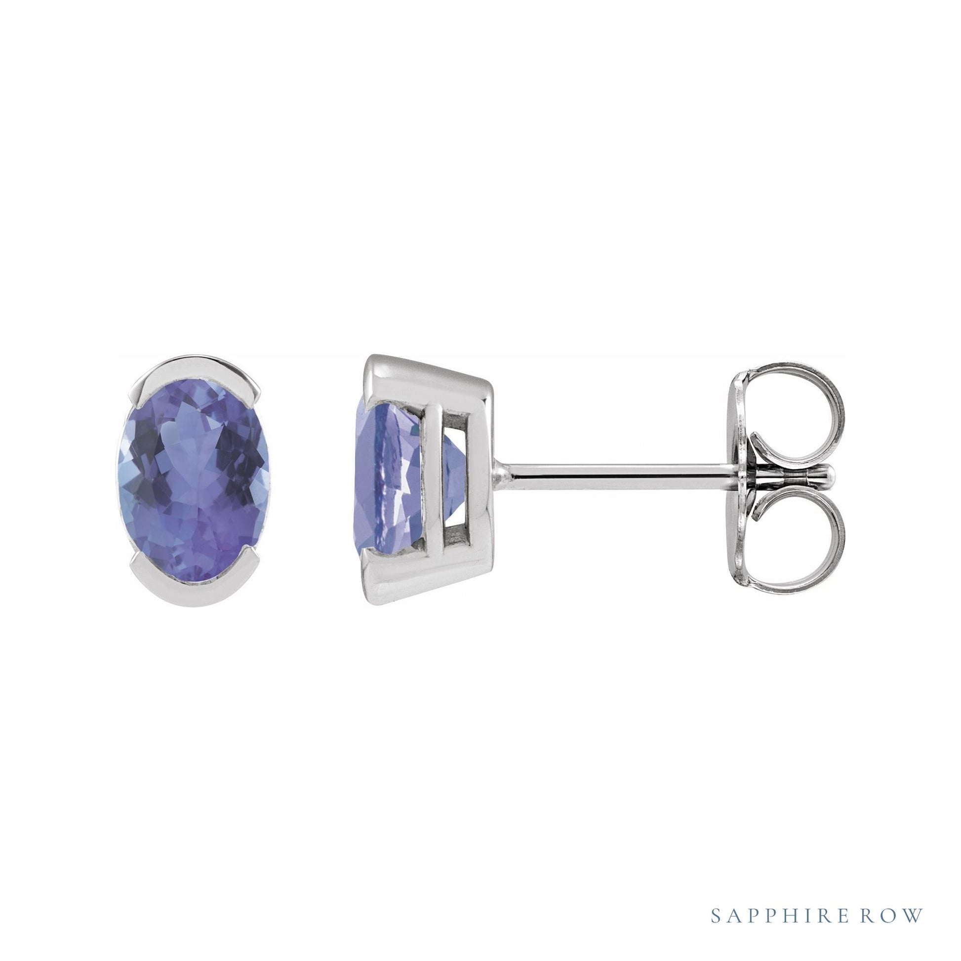 Sapphire Row Natural Gemstone Half-Bezel Oval Stud Earrings - Tanzanite, 14K White Gold