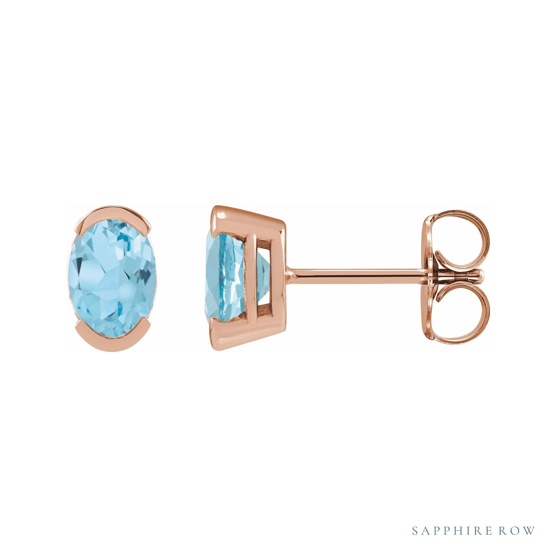 Sapphire Row Natural Gemstone Half-Bezel Oval Stud Earrings - Sky Blue Topaz, 14K Rose Gold