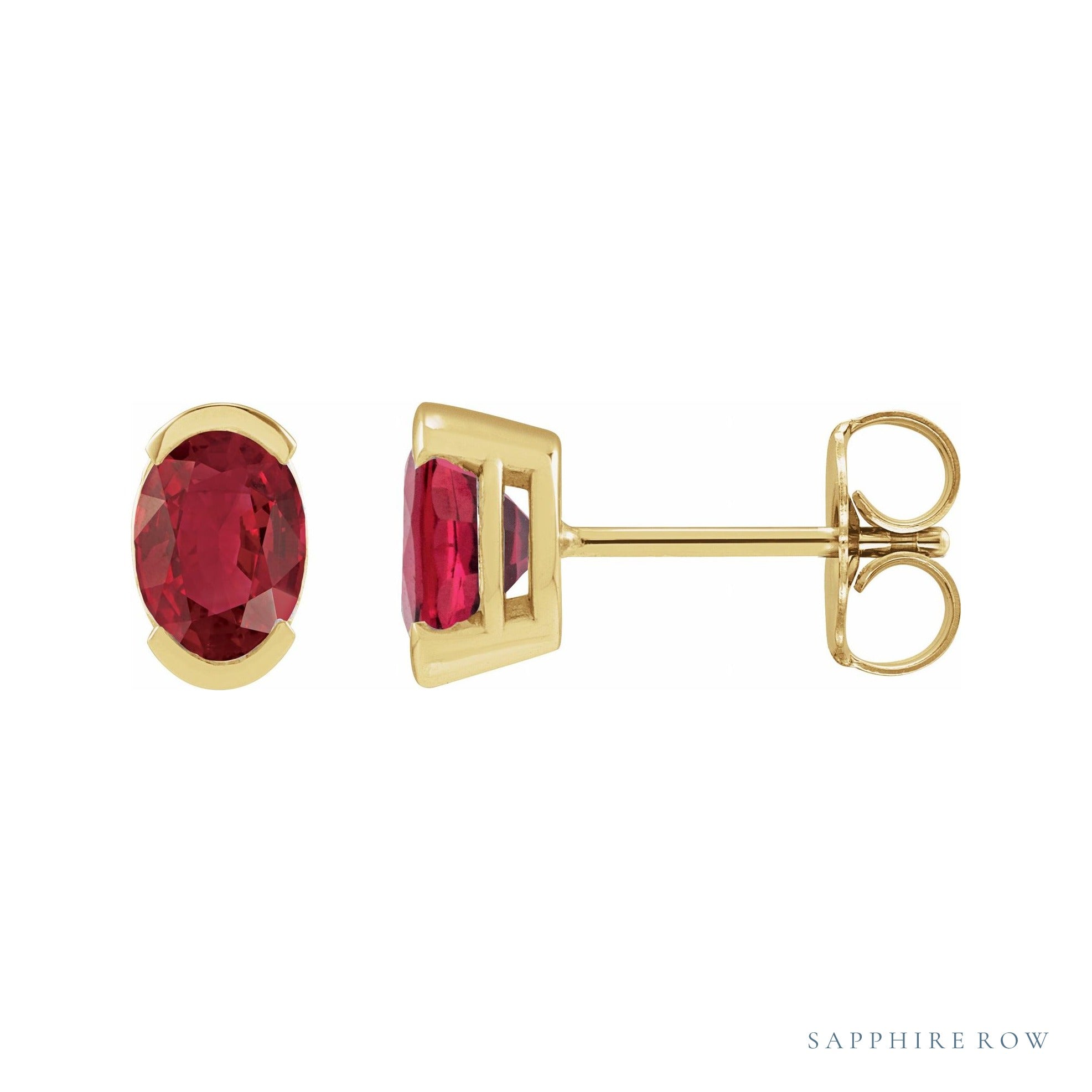 Sapphire Row Lab-Grown Gemstone Half-Bezel Oval Stud Earrings - Ruby, 14K Yellow Gold