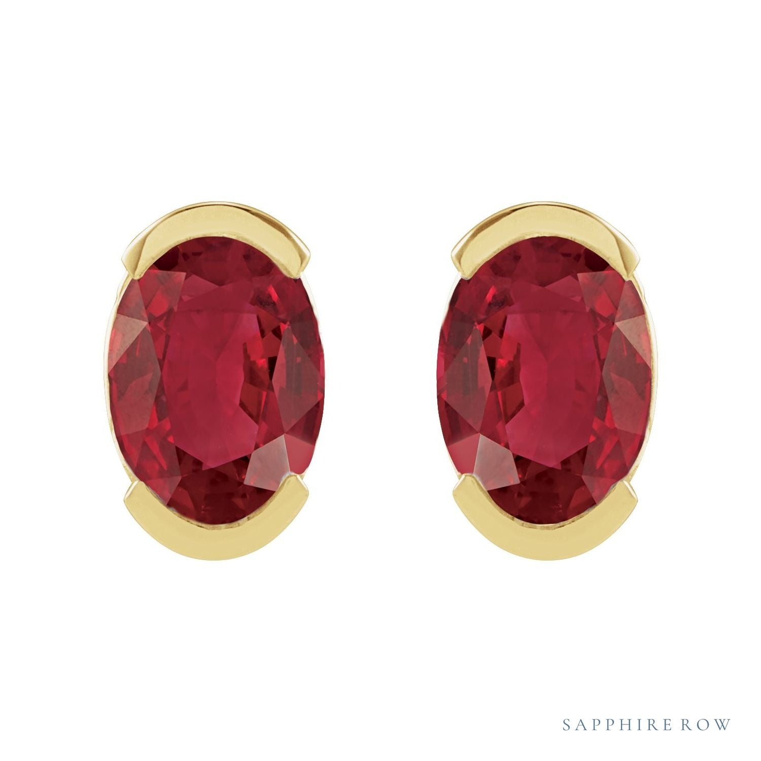 Sapphire Row Lab-Grown Gemstone Half-Bezel Oval Stud Earrings - Ruby, 14K Yellow Gold (view 2)