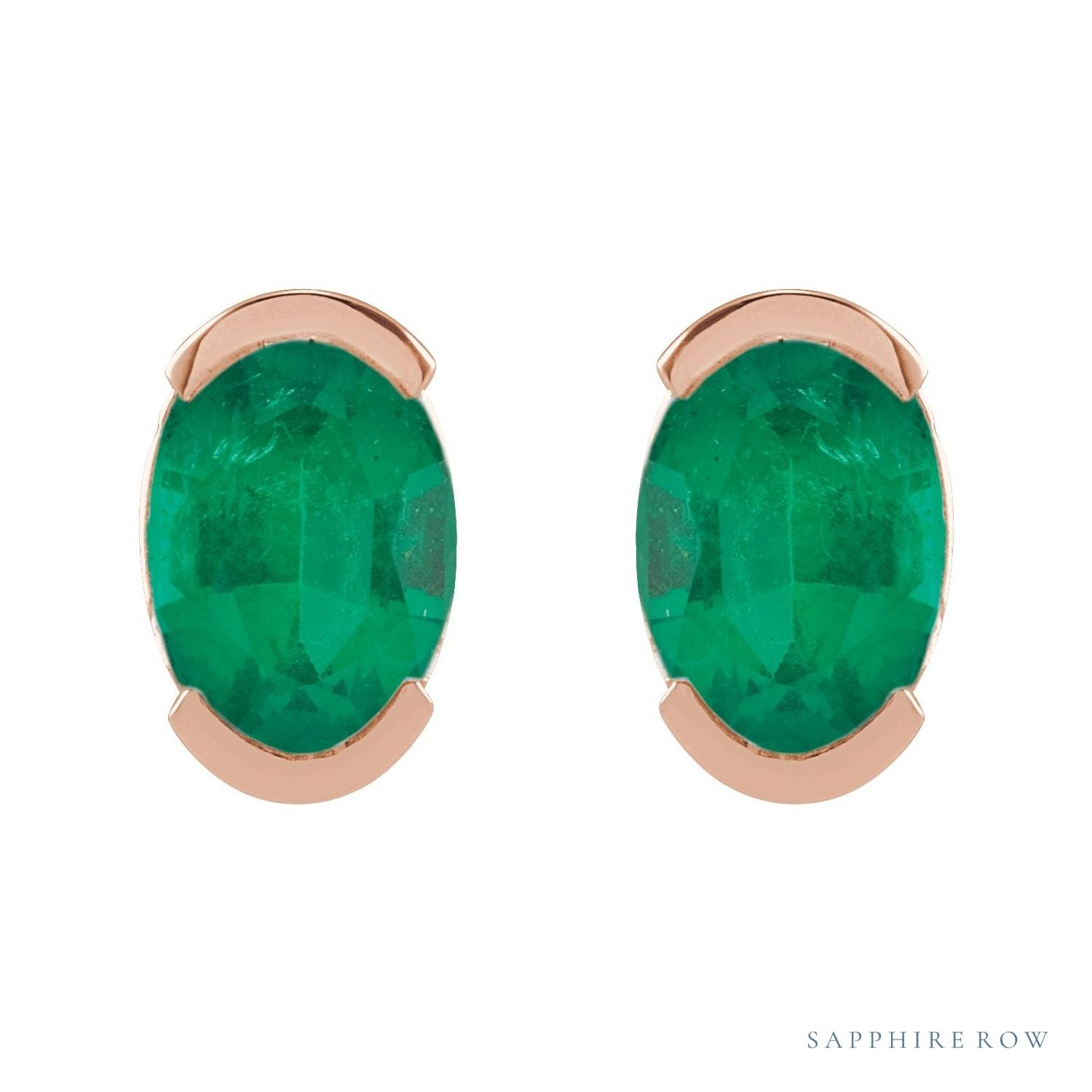 Sapphire Row Lab-Grown Gemstone Half-Bezel Oval Stud Earrings - Emerald, 14K Rose Gold (view 2)