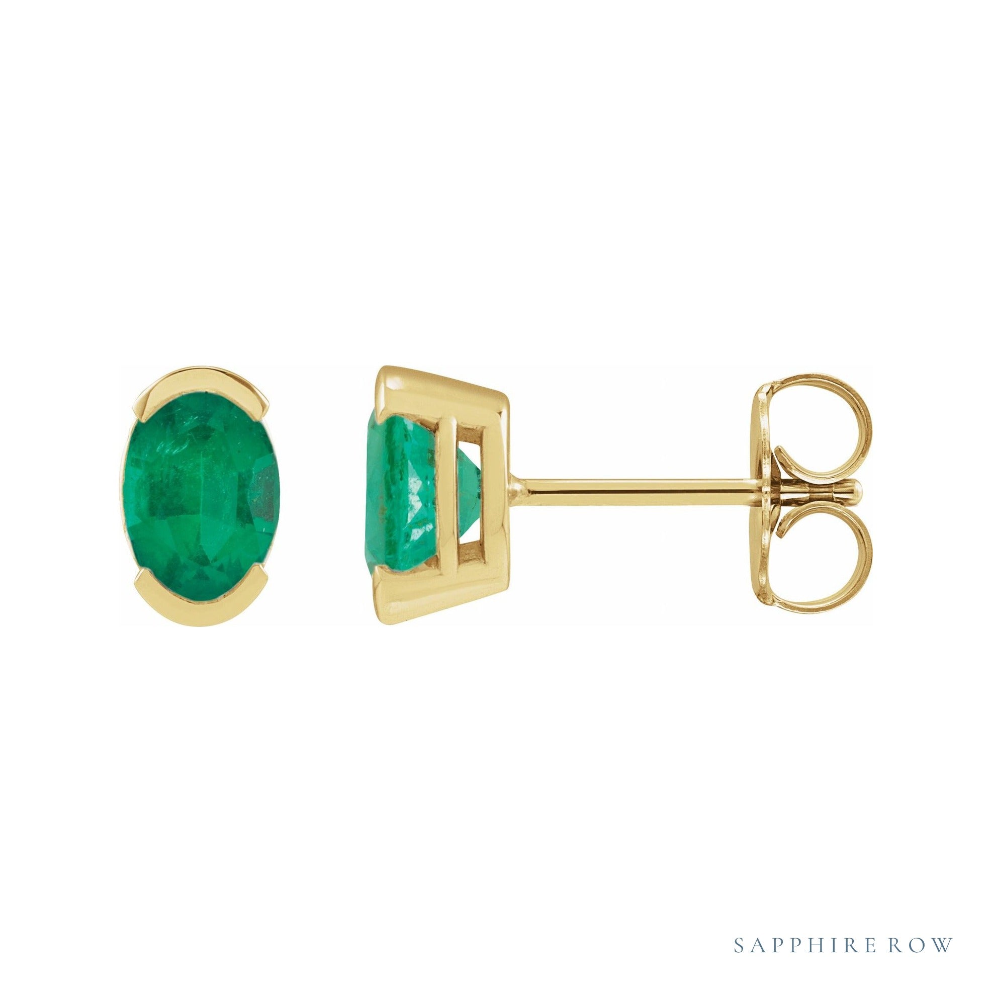 Sapphire Row Lab-Grown Gemstone Half-Bezel Oval Stud Earrings - Emerald, 14K Yellow Gold