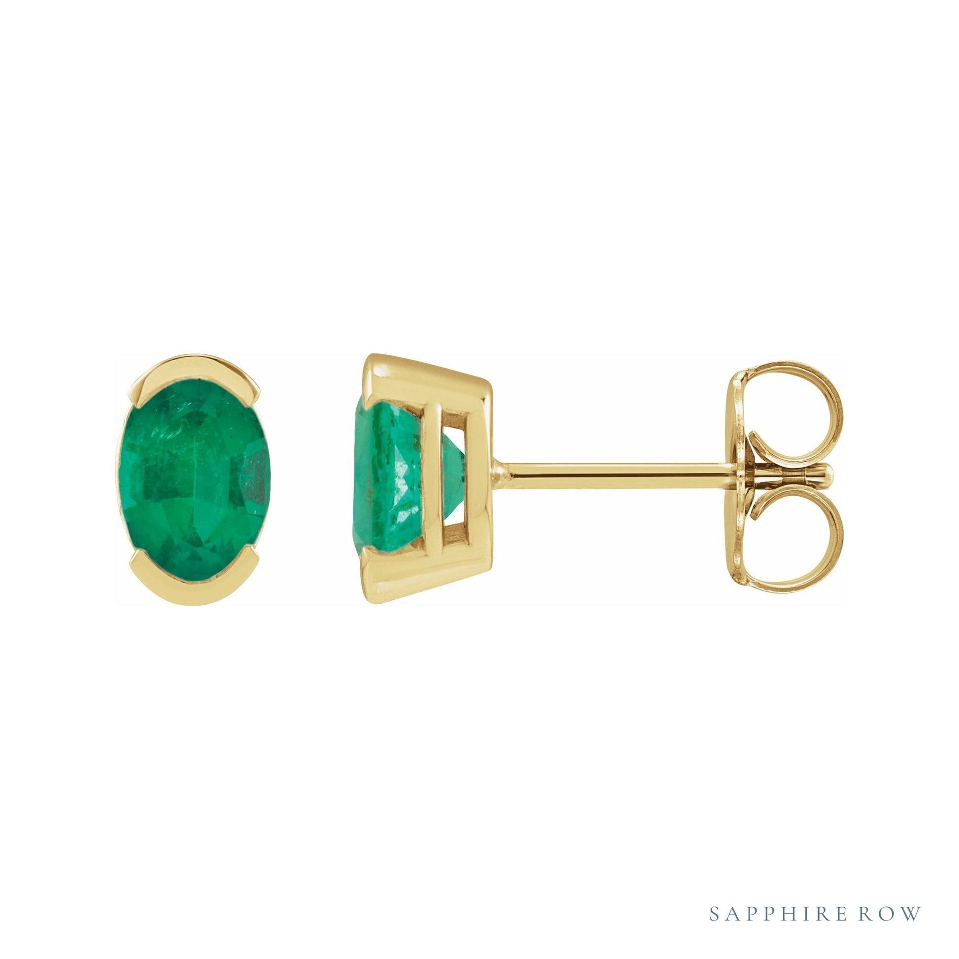 Sapphire Row Lab-Grown Gemstone Half-Bezel Oval Stud Earrings - Emerald, 14K Yellow Gold
