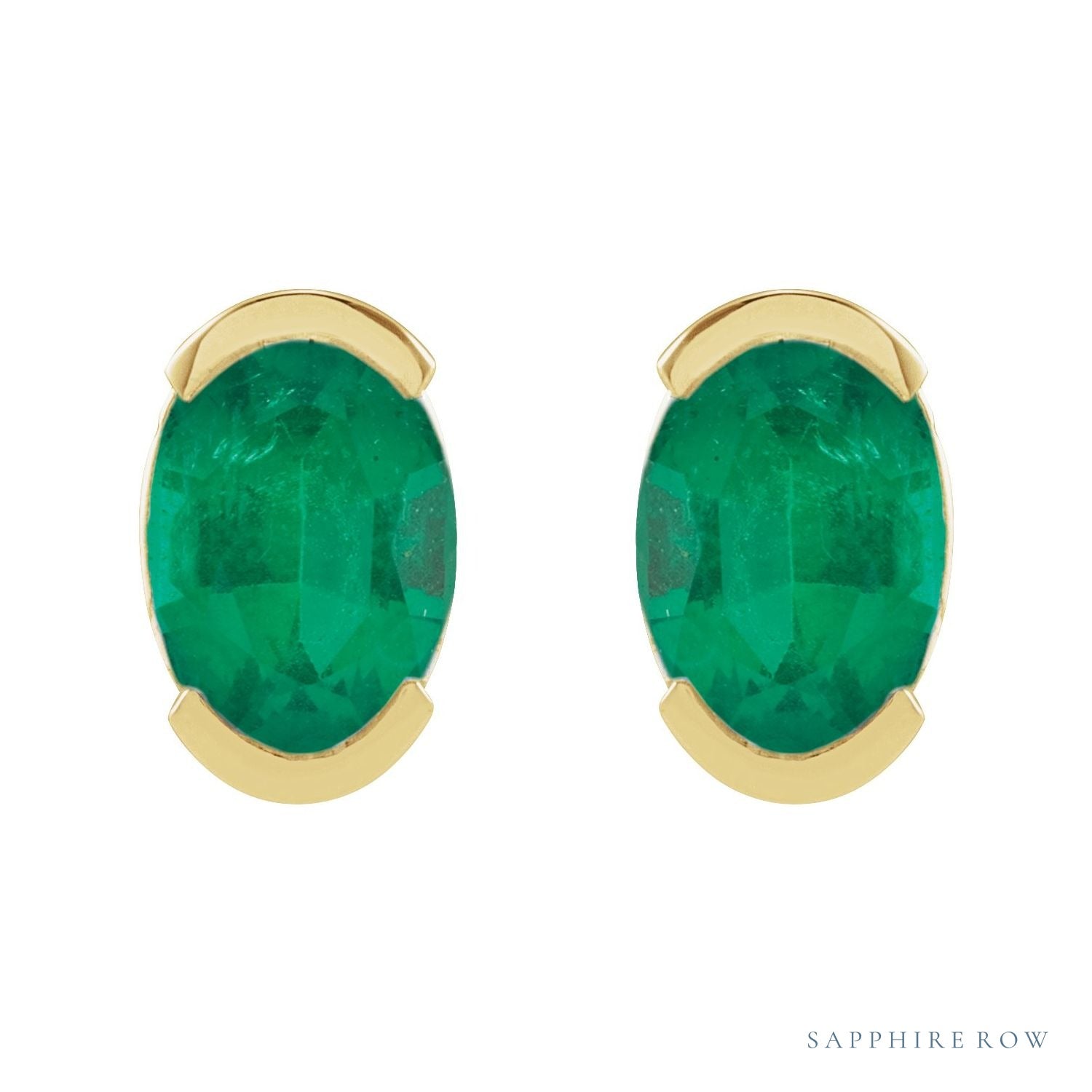 Sapphire Row Lab-Grown Gemstone Half-Bezel Oval Stud Earrings - Emerald, 14K Yellow Gold (view 2)