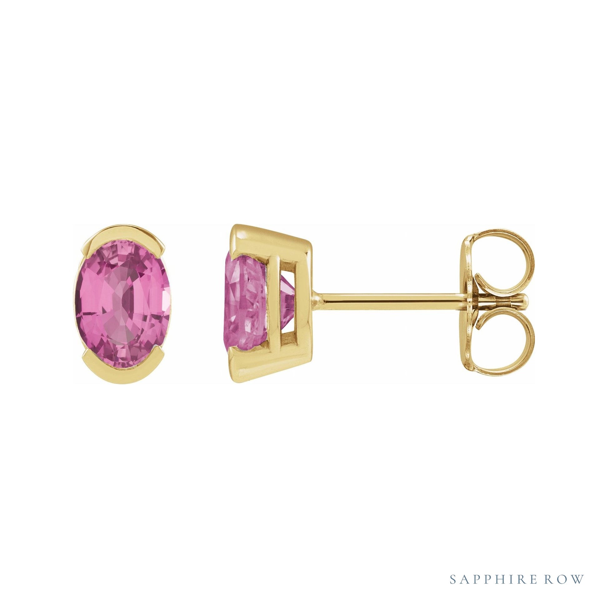 Sapphire Row Lab-Grown Gemstone Half-Bezel Oval Stud Earrings - Pink Sapphire, 14K Yellow Gold