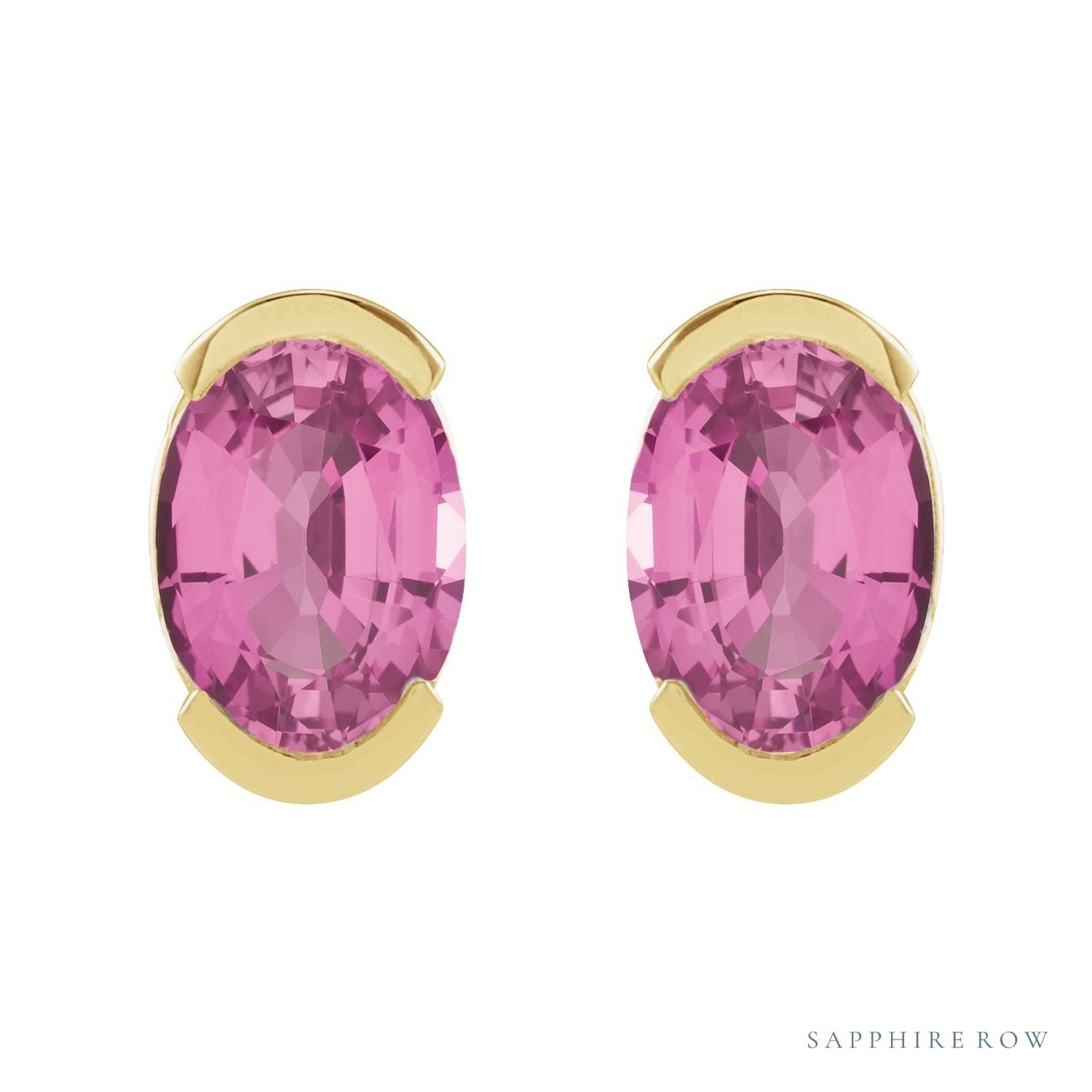Sapphire Row Lab-Grown Gemstone Half-Bezel Oval Stud Earrings - Pink Sapphire, 14K Yellow Gold (view 2)