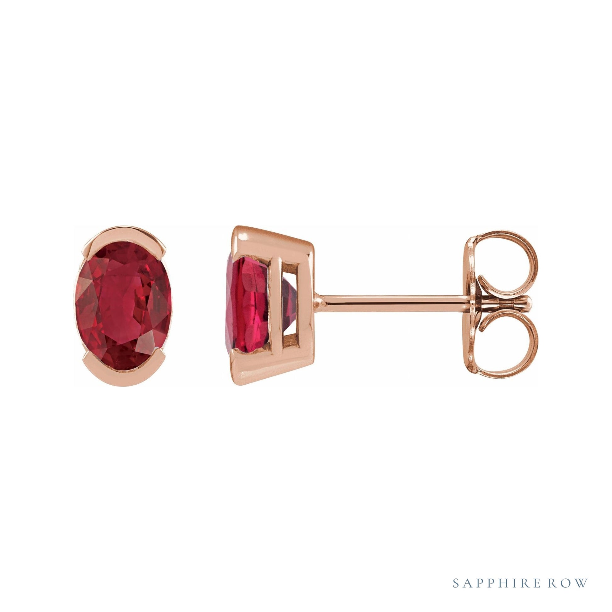 Sapphire Row Lab-Grown Gemstone Half-Bezel Oval Stud Earrings - Ruby, 14K Rose Gold