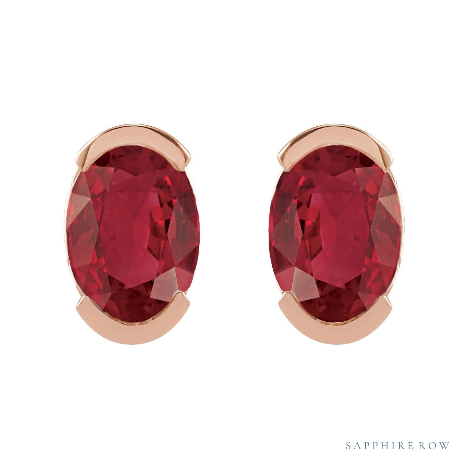 Sapphire Row Lab-Grown Gemstone Half-Bezel Oval Stud Earrings - Ruby, 14K Rose Gold (view 2)