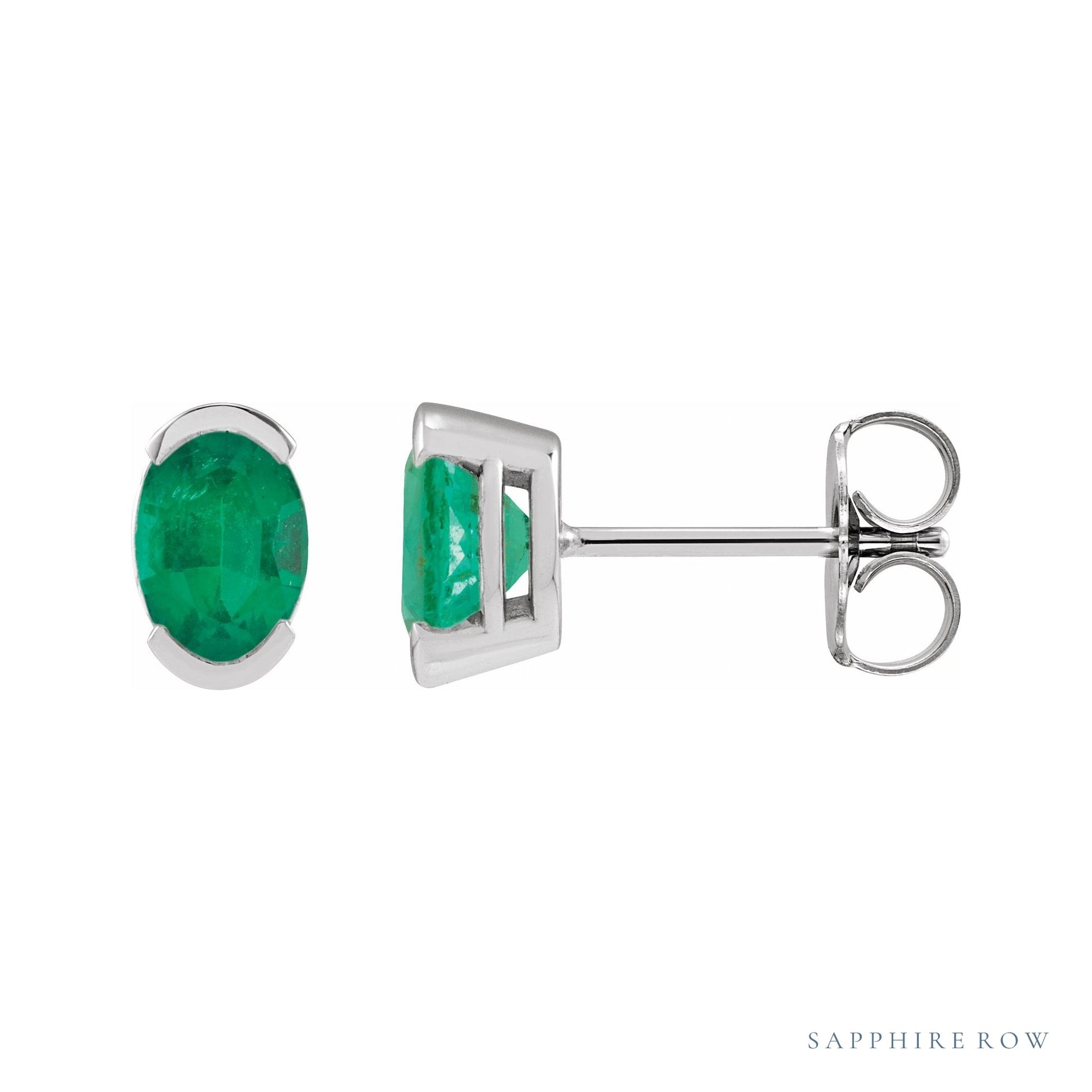 Sapphire Row Lab-Grown Gemstone Half-Bezel Oval Stud Earrings - Emerald, Platinum