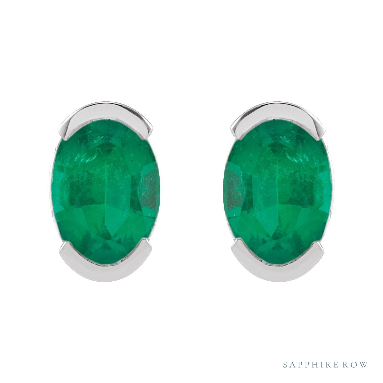 Sapphire Row Lab-Grown Gemstone Half-Bezel Oval Stud Earrings - Emerald, Platinum (view 2)