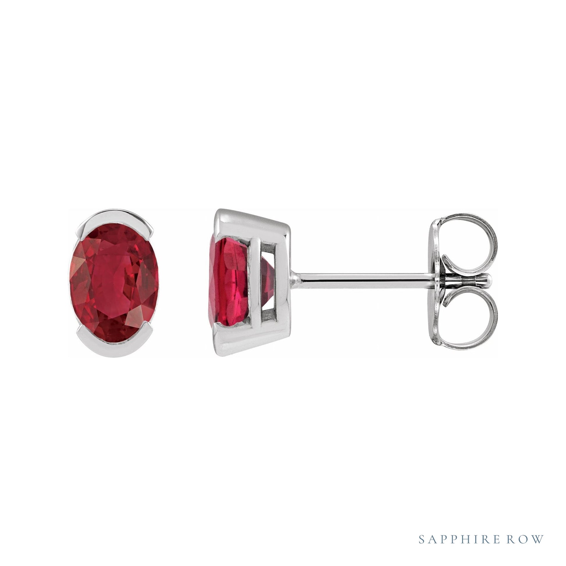 Sapphire Row Lab-Grown Gemstone Half-Bezel Oval Stud Earrings - Ruby, Platinum
