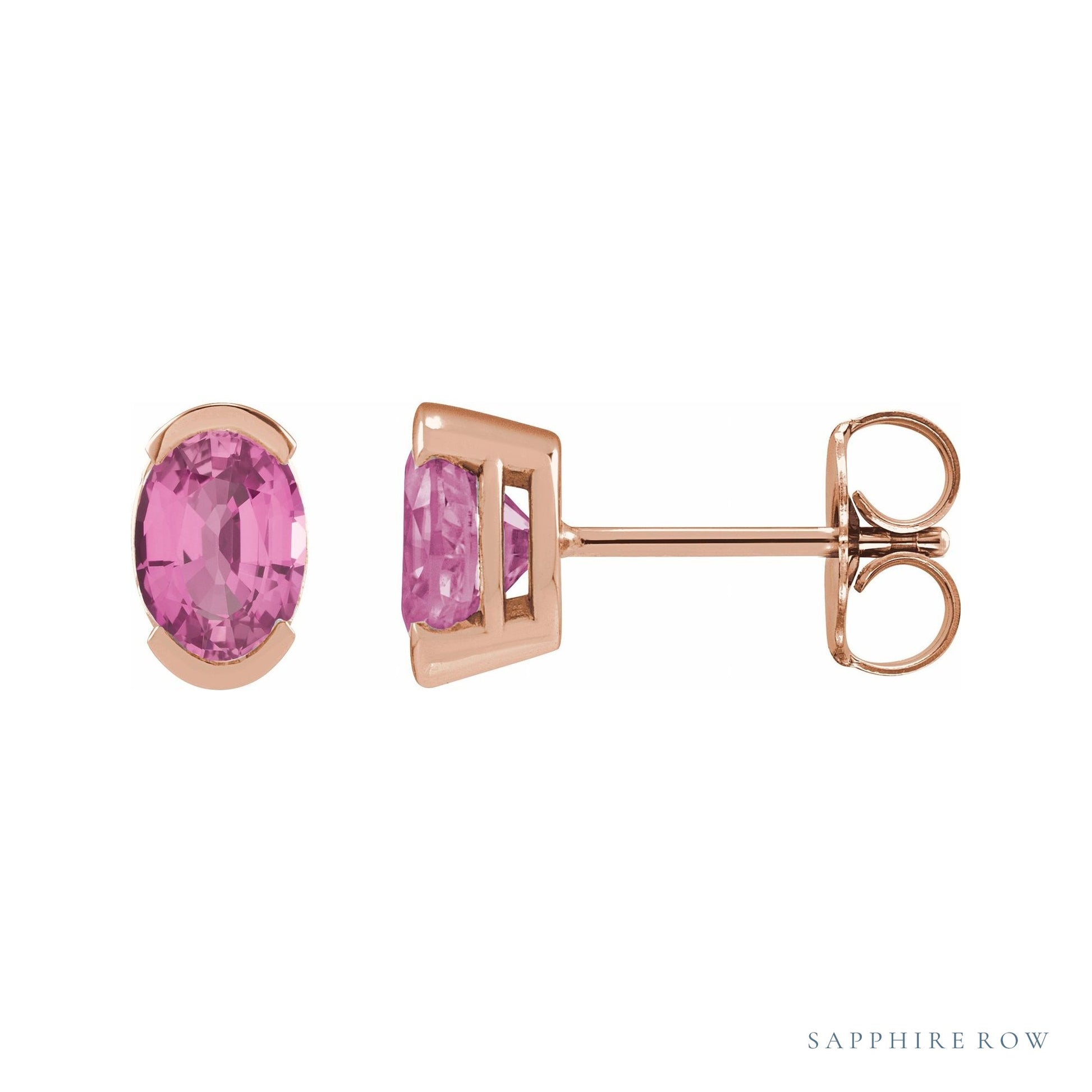 Sapphire Row Lab-Grown Gemstone Half-Bezel Oval Stud Earrings - Pink Sapphire, 14K Rose Gold