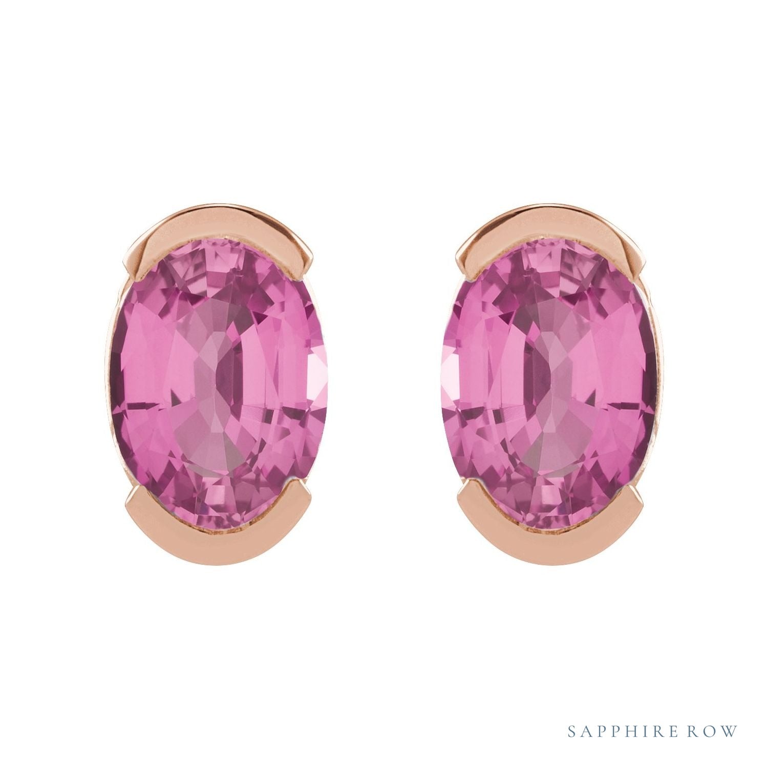 Sapphire Row Lab-Grown Gemstone Half-Bezel Oval Stud Earrings - Pink Sapphire, 14K Rose Gold (view 2)