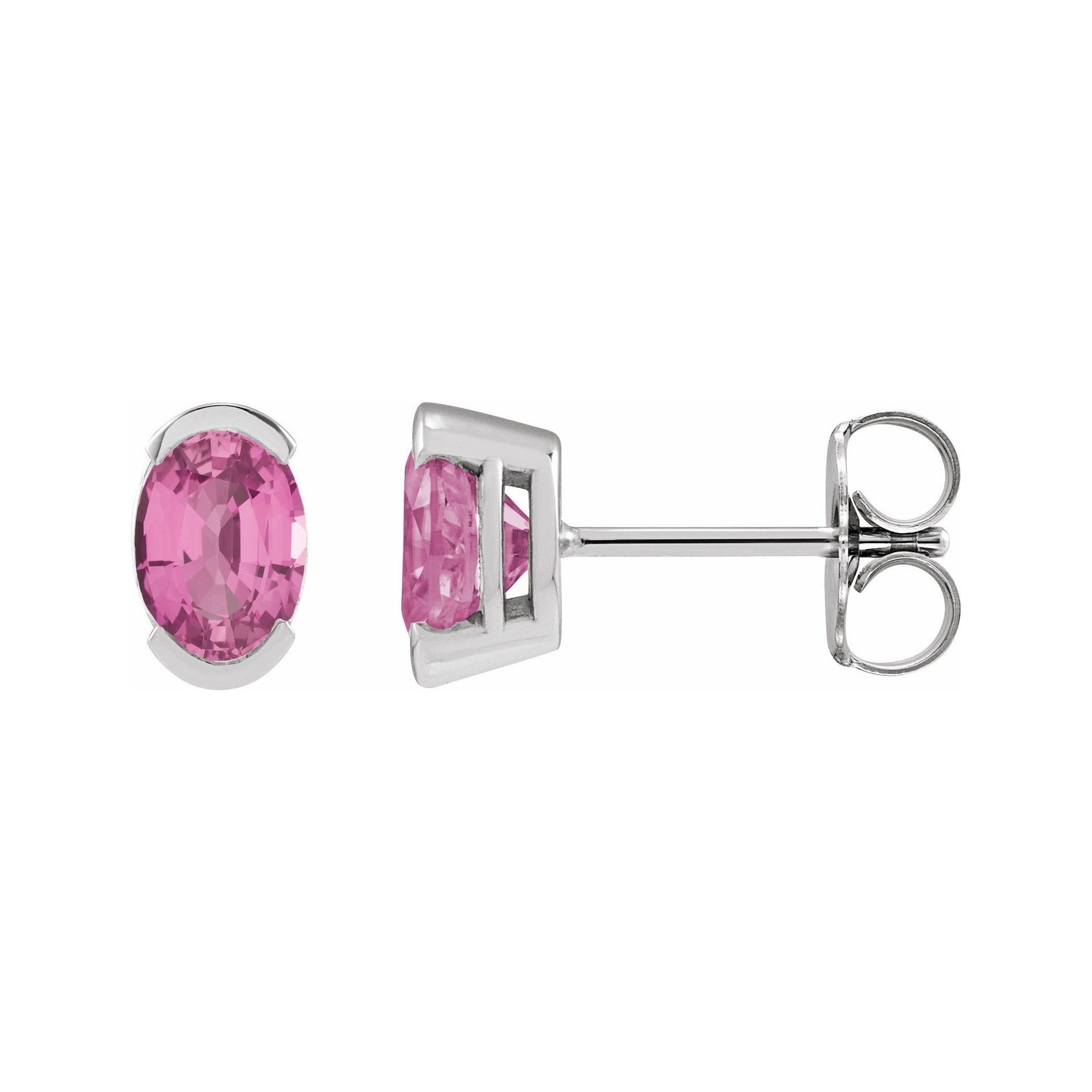 Sapphire Row Lab-Grown Gemstone Half-Bezel Oval Stud Earrings - Pink Sapphire, 14K White Gold