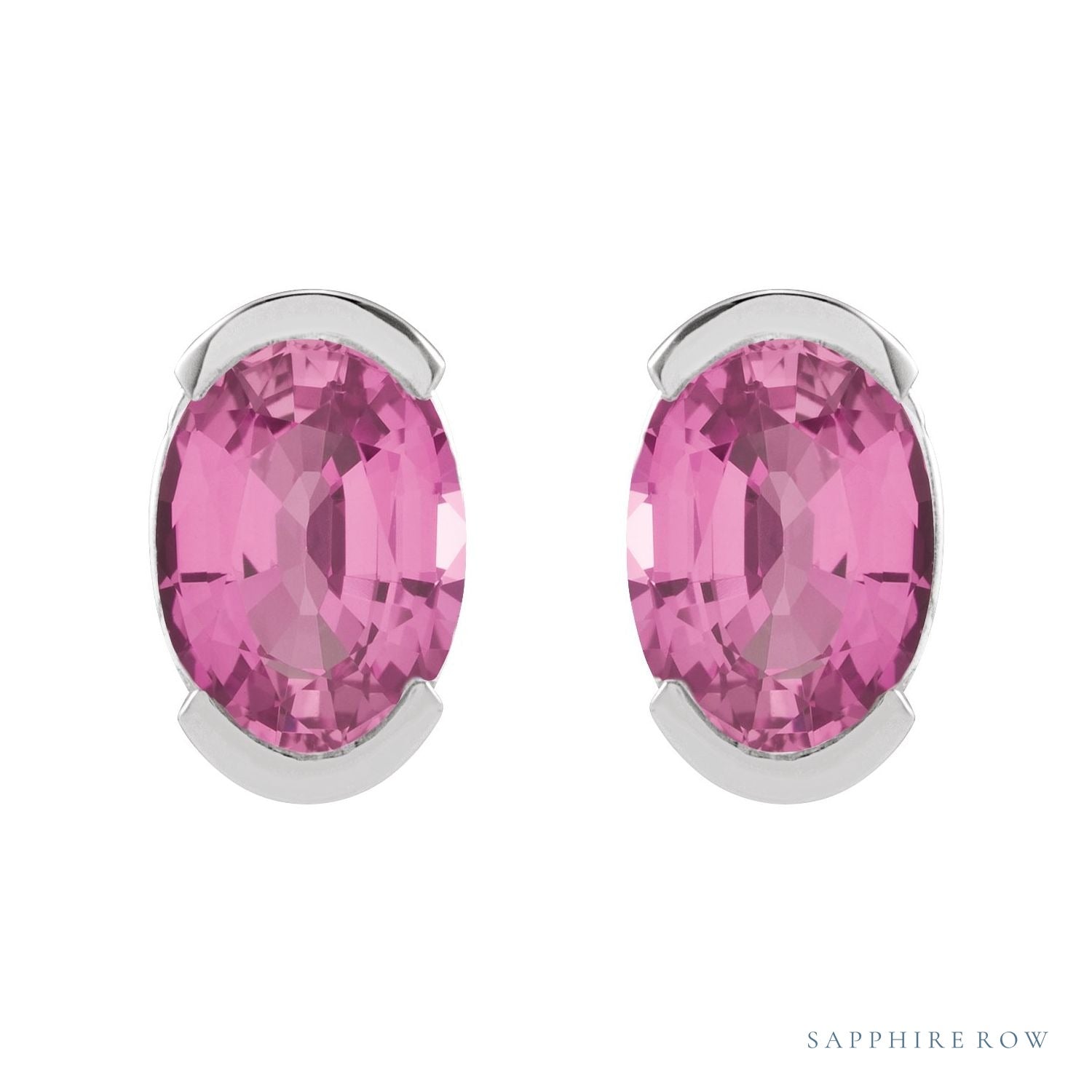 Sapphire Row Lab-Grown Gemstone Half-Bezel Oval Stud Earrings - Pink Sapphire, 14K White Gold (view 2)