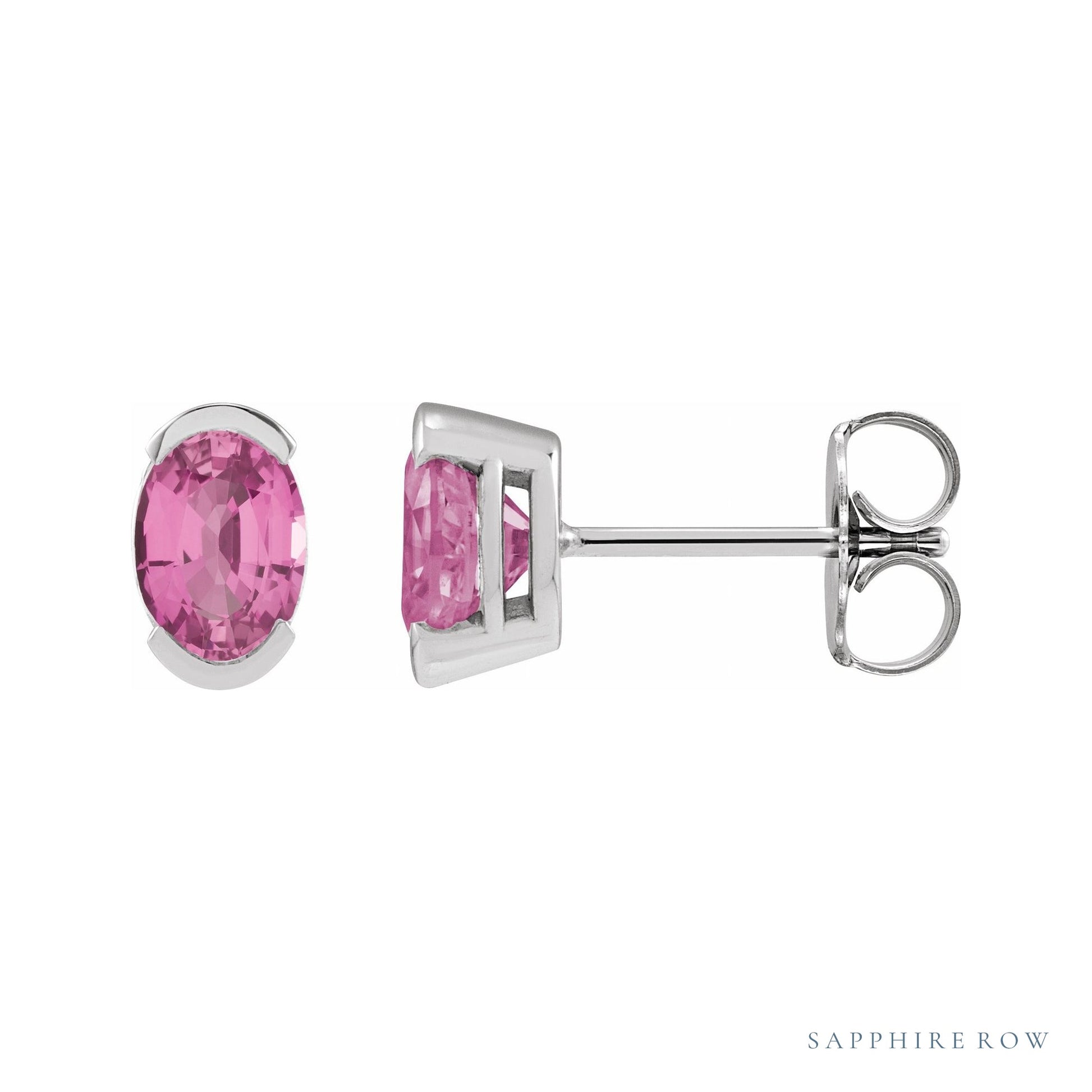 Sapphire Row Lab-Grown Gemstone Half-Bezel Oval Stud Earrings - Pink Sapphire, Platinum