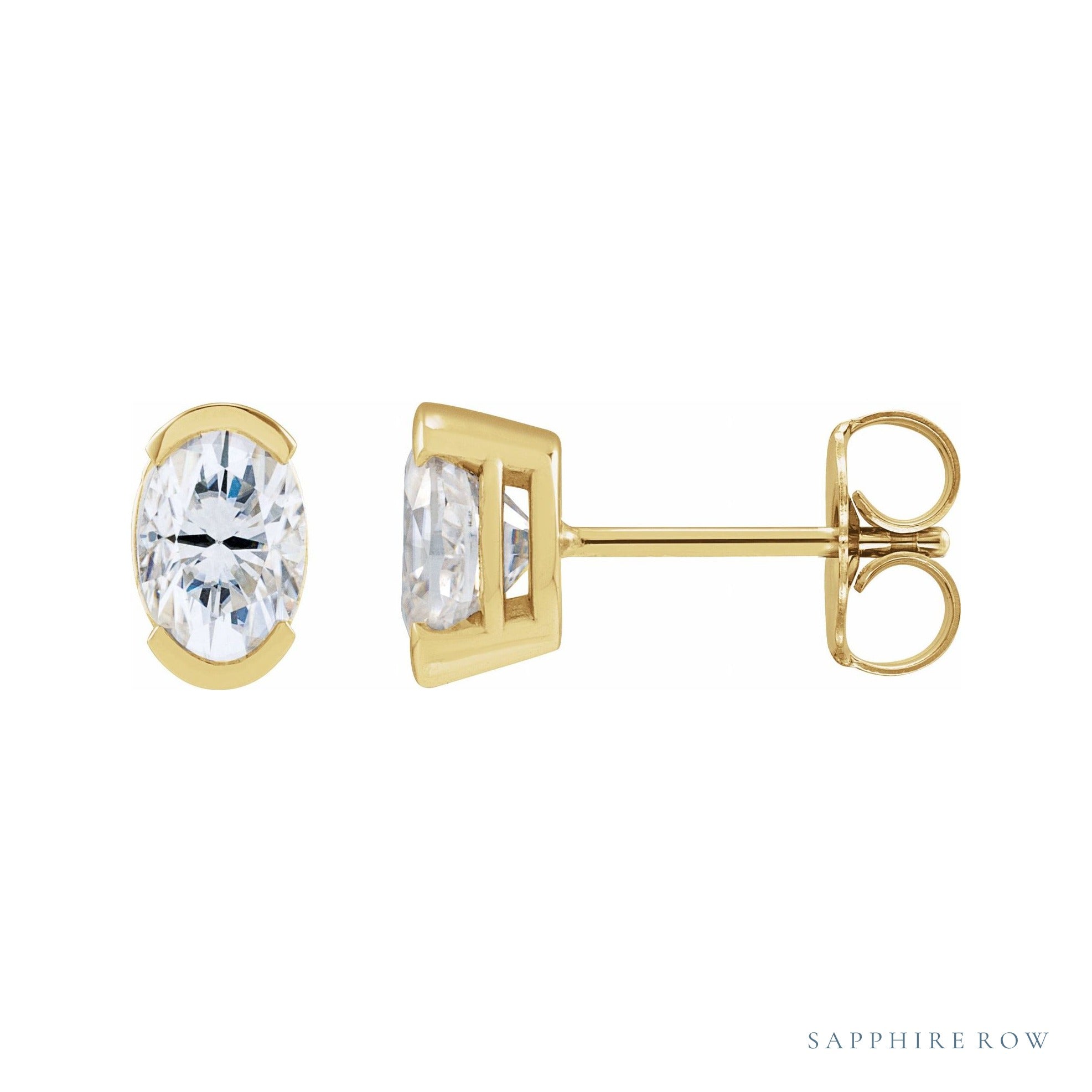 Sapphire Row Lab-Grown Moissanite Half-Bezel Oval Stud Earrings - 14K Yellow Gold