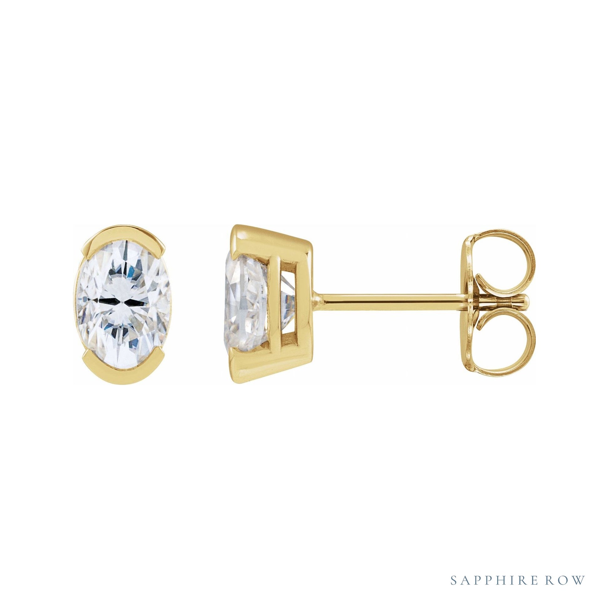 Sapphire Row Lab-Grown Moissanite Half-Bezel Oval Stud Earrings - 14K Yellow Gold