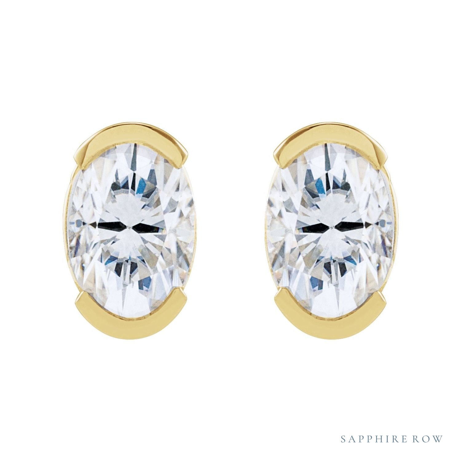 Sapphire Row Lab-Grown Moissanite Half-Bezel Oval Stud Earrings - 14K Yellow Gold (view 2)