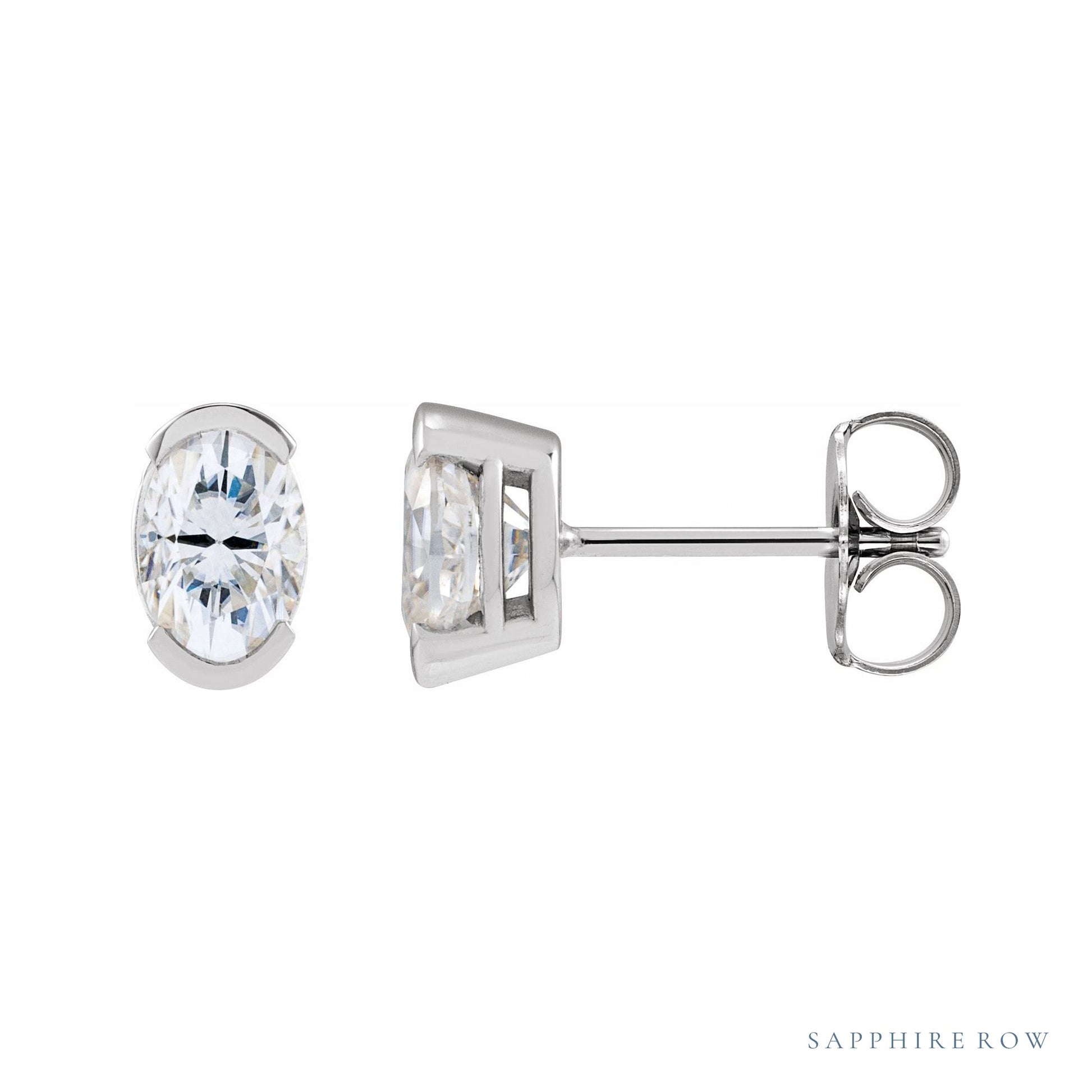 Sapphire Row Lab-Grown Moissanite Half-Bezel Oval Stud Earrings - Platinum