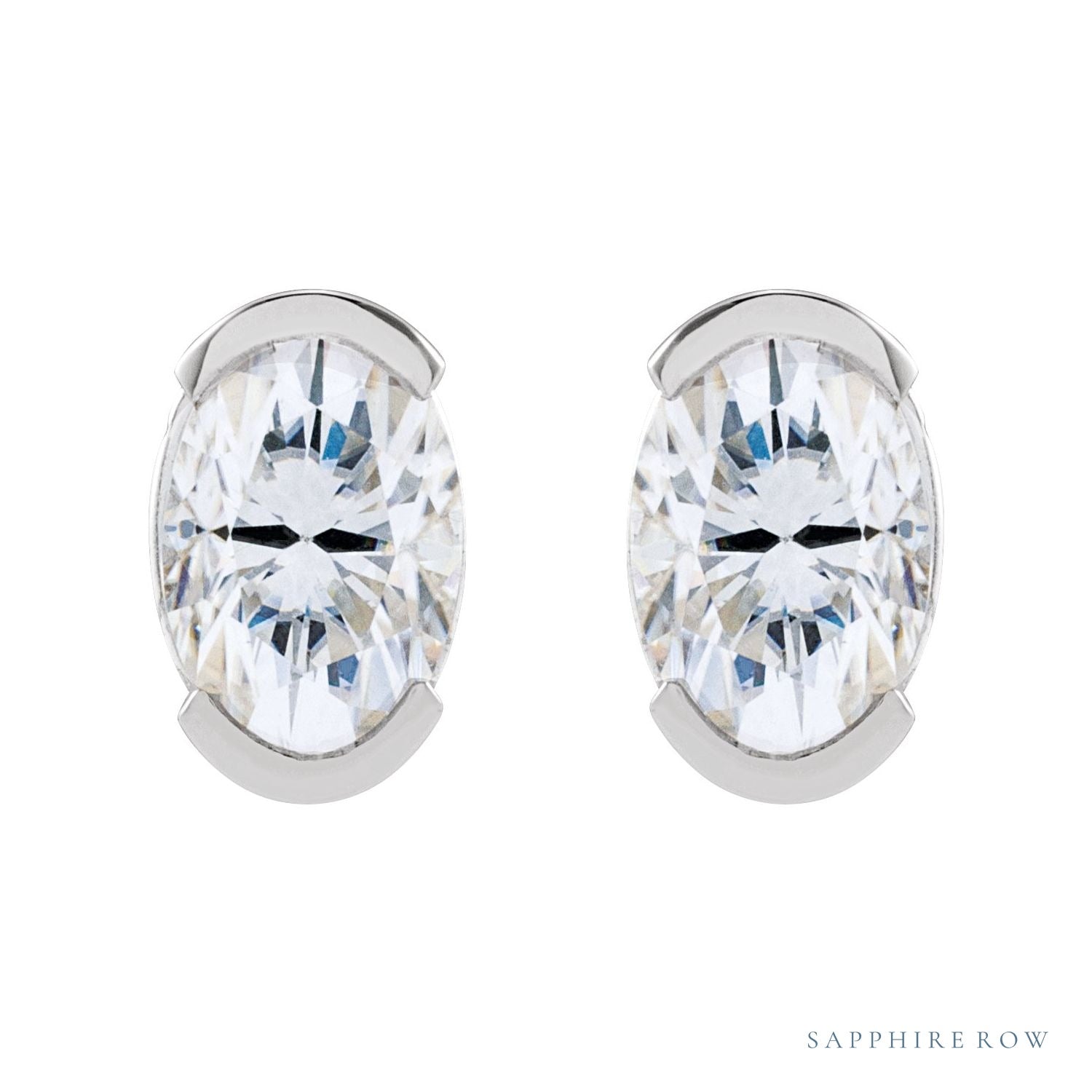 Sapphire Row Lab-Grown Moissanite Half-Bezel Oval Stud Earrings - Platinum (view 2)